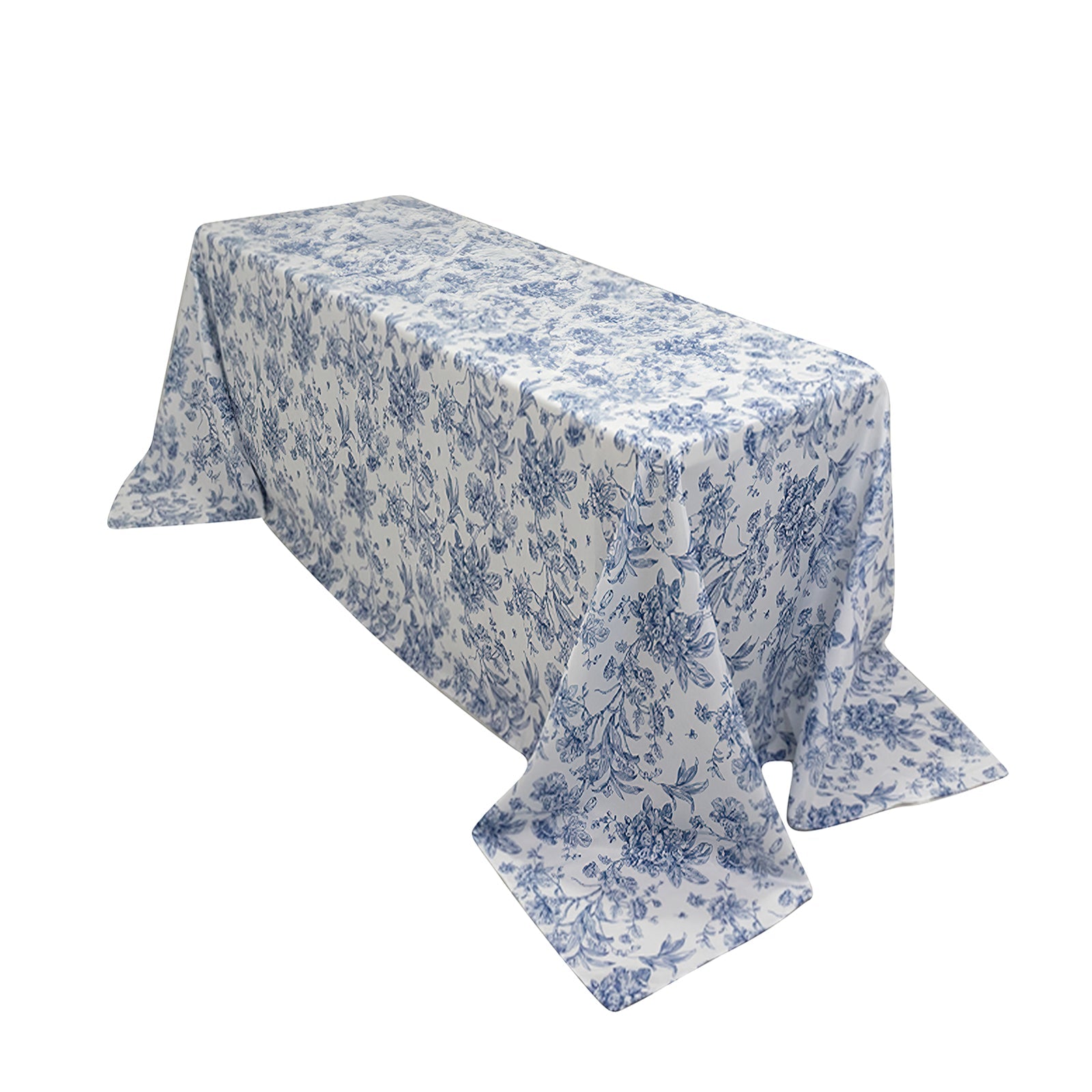 White Polyester Rectangle Tablecloth with Seamless Blue French Toile Pattern for Elegant Events