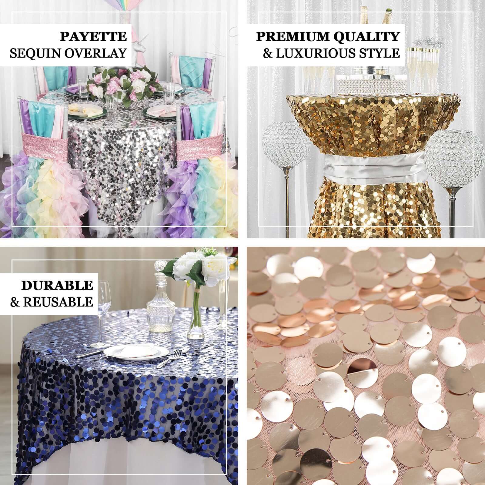 Champagne Sequin 72x72 Square Table Overlay for Big Payette Tables