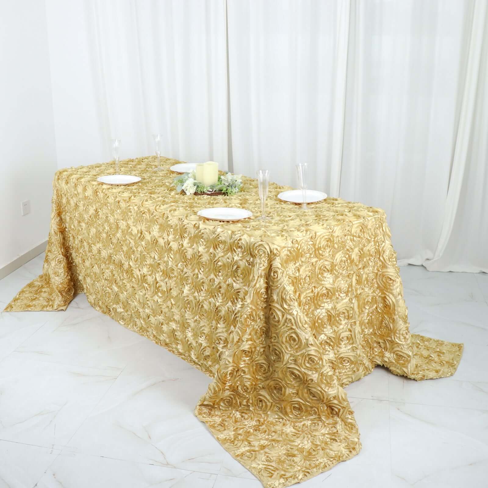 Champagne Satin 90x132 Rectangle Tablecloth with Stunning 3D Rosette Design