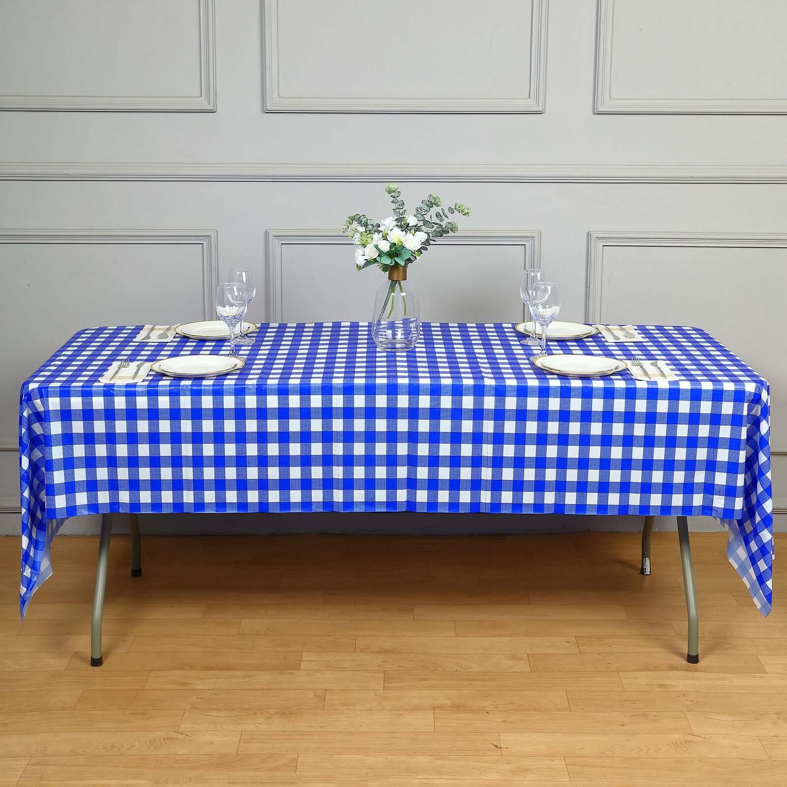 5-Pack Royal Blue Checkered Plastic Table Covers - Durable & Disposable for Events, 54x108