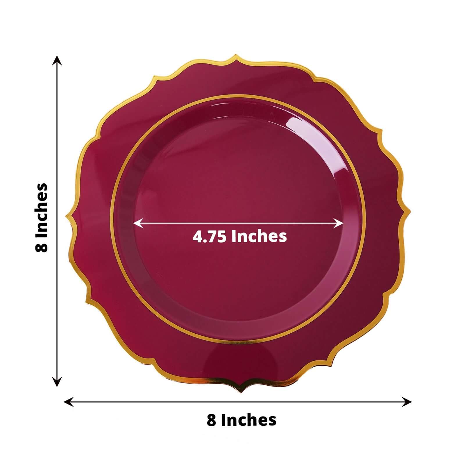 10-Piece Set of Disposable Burgundy Plastic Round Desert Plates with Gold Scalloped Rim, 8-Inch