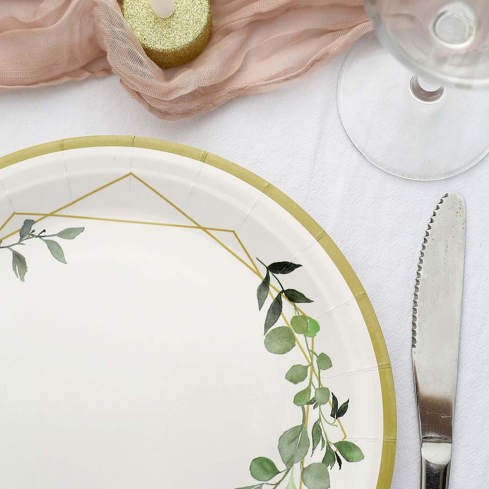 24-Pack 9-Inch White Disposable Paper Dinner Plates with Eucalyptus & Gold Rim
