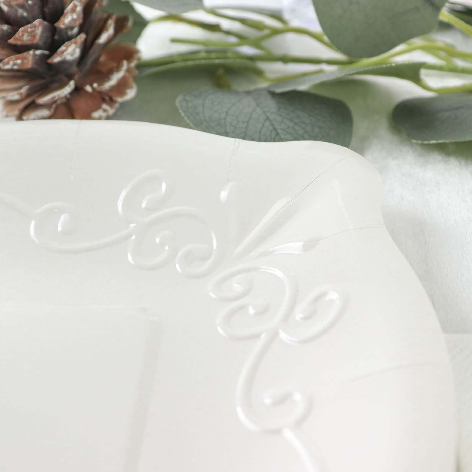 25-Pack White 7-Inch Square Disposable Dessert Plates with Vintage Pottery Embossed Design - Ideal for Special Events