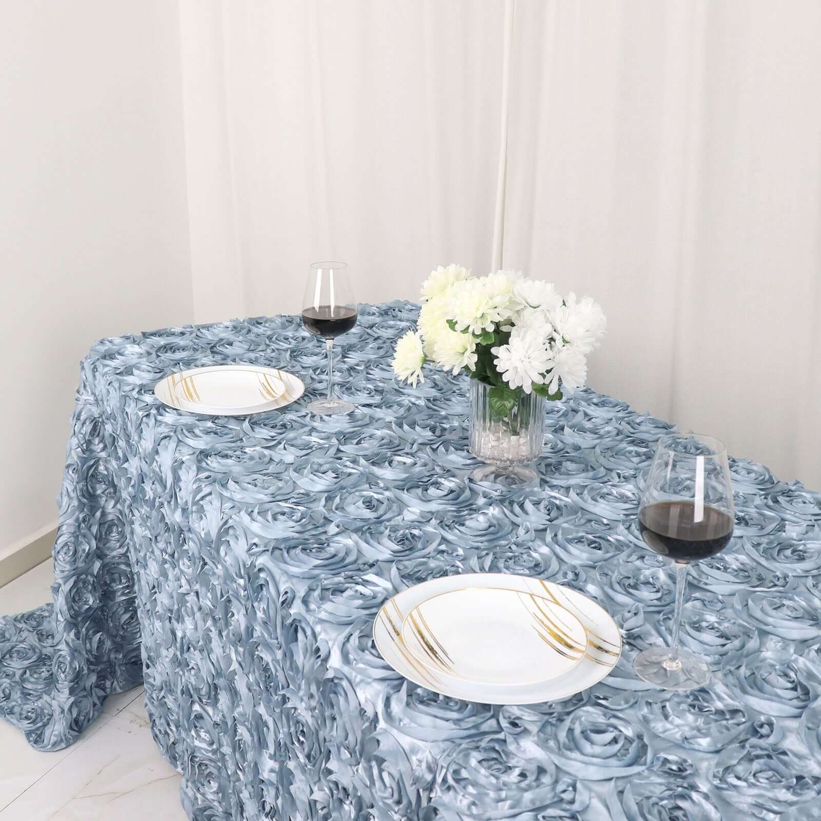 Dusty Blue High - Quality Satin 90x132 Rectangle Tablecloth with 3D Rosette Design