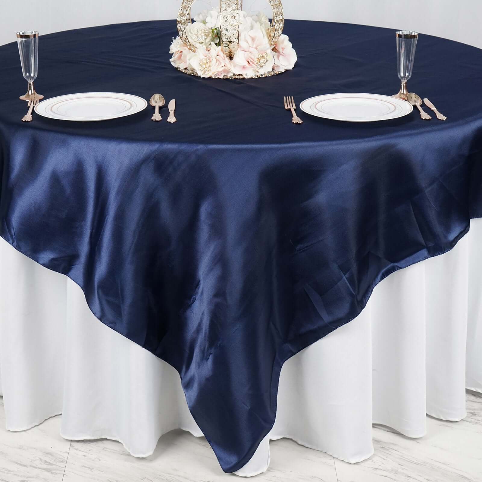Navy Blue Satin 90x90 Square Table Overlay - Smooth Finish Table Topper for Special Occasions