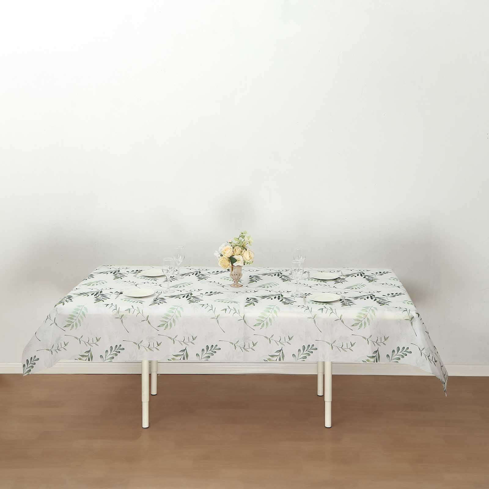 Hot Deal! Disposable Non-Woven Rectangle Tablecloth in White/Green with Olive Leaves Print, 60x102 for Summer
