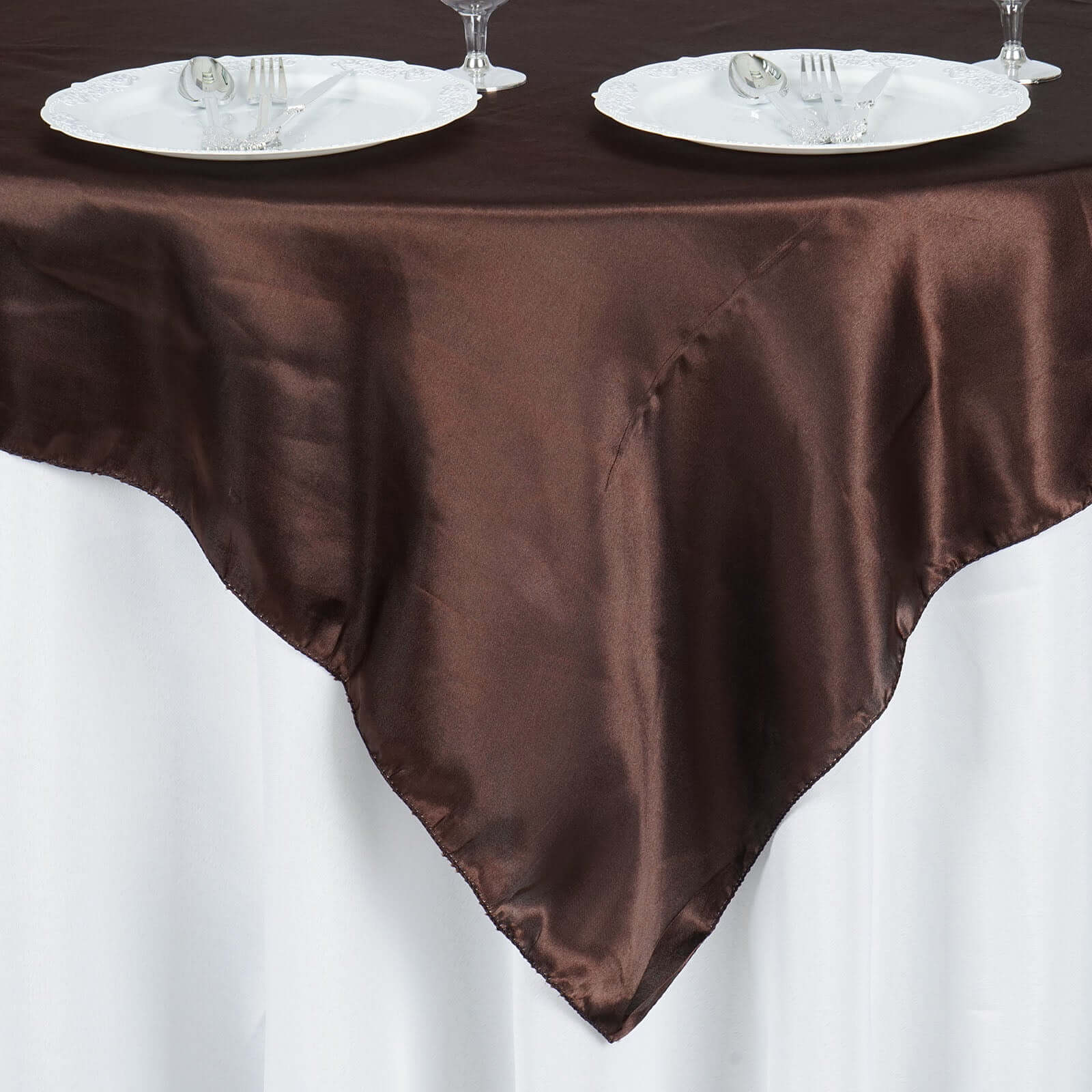 Chocolate Satin Square Table Overlay - 60x60 Tablecloth with Smooth Silky Touch