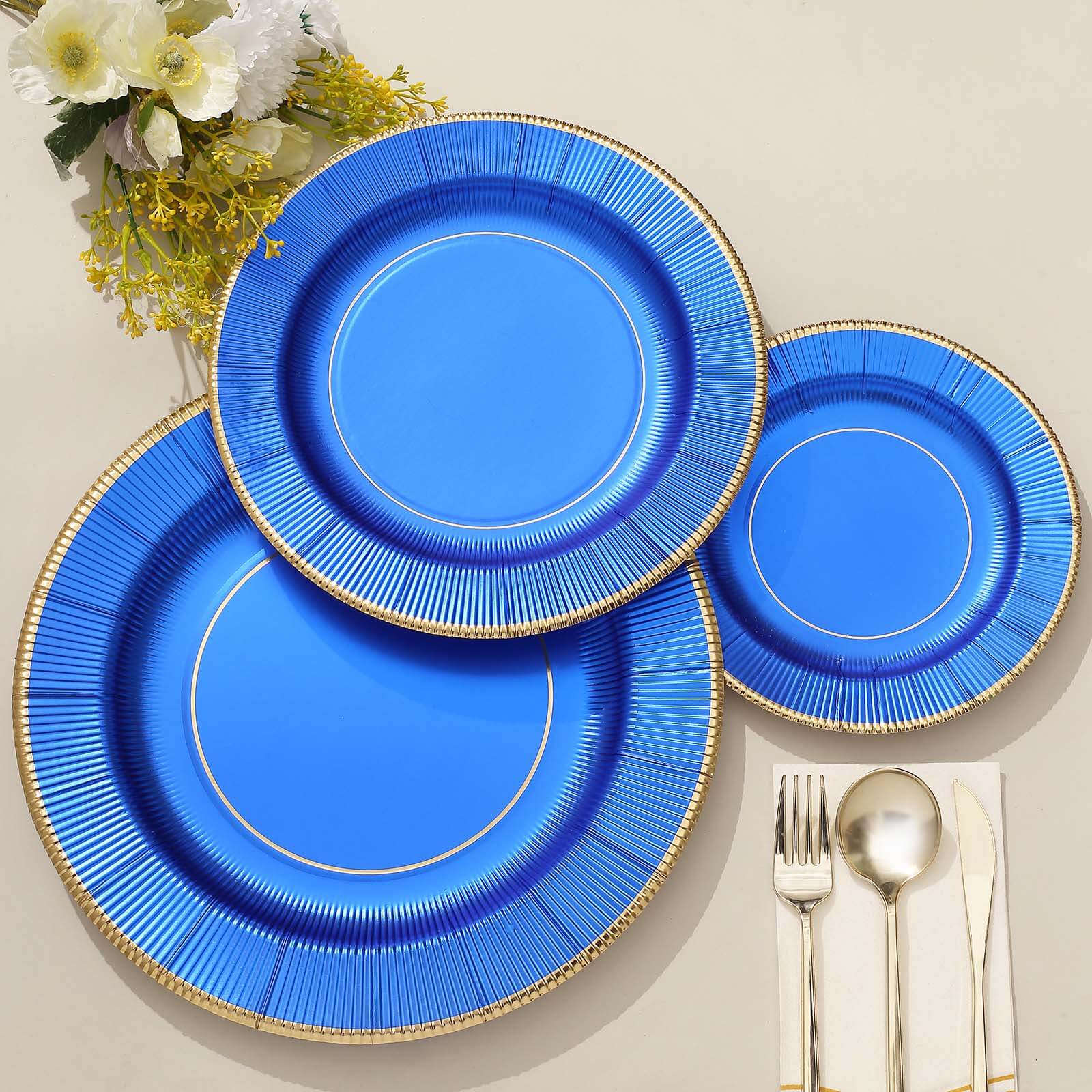 25-Pack Paper 10 Round Dinner Plates in Royal Blue Sunray Design with Gold Rim - Disposable Heavy Duty 350GSM Party Plates