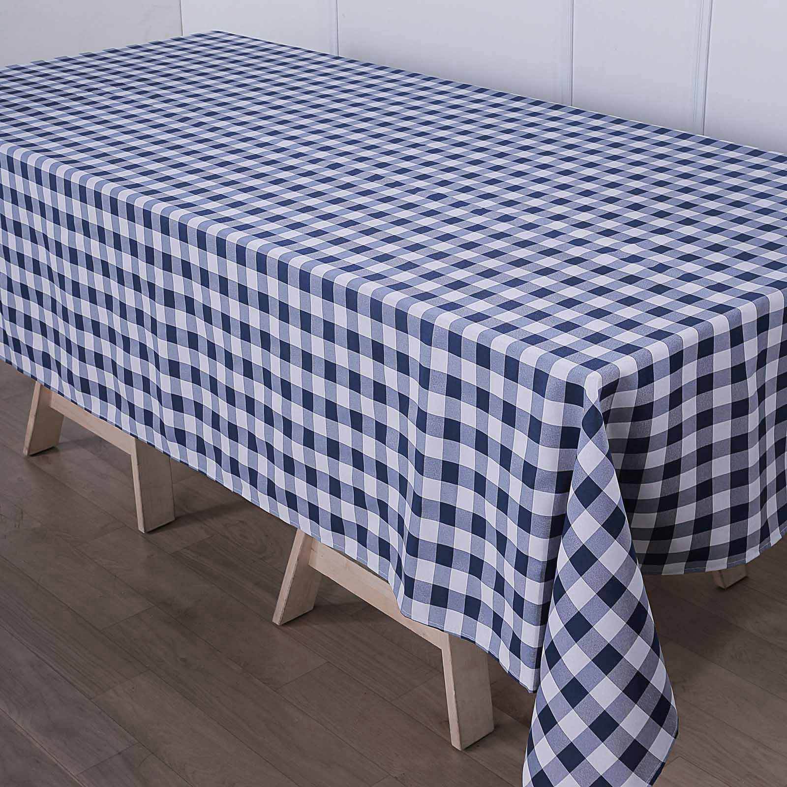 White and Navy Blue Buffalo Plaid Polyester Rectangle Tablecloth, 60x126