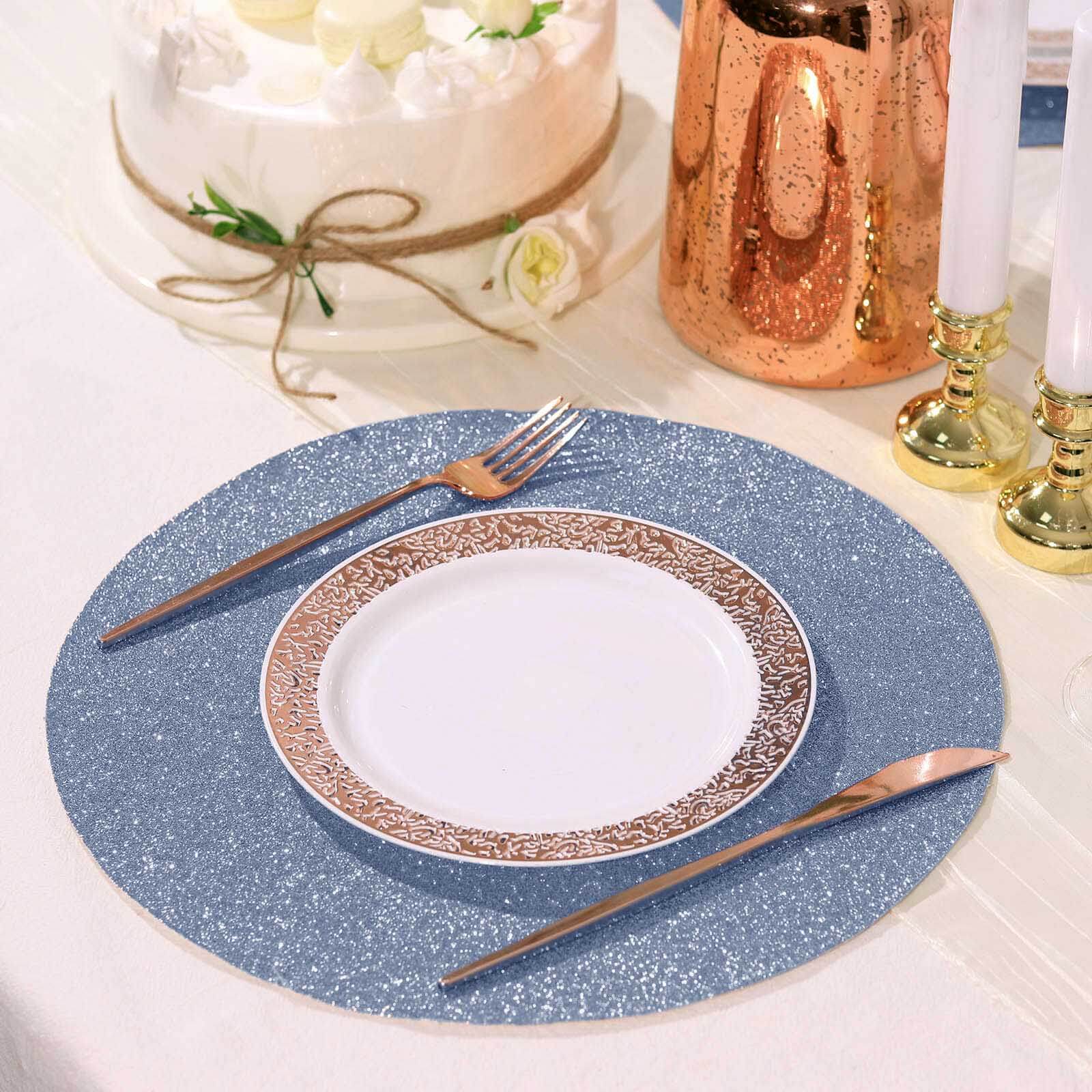 6-Piece Set of Dusty Blue Glitter Round Non-Slip Placemats for Dining Tables, 13 inches