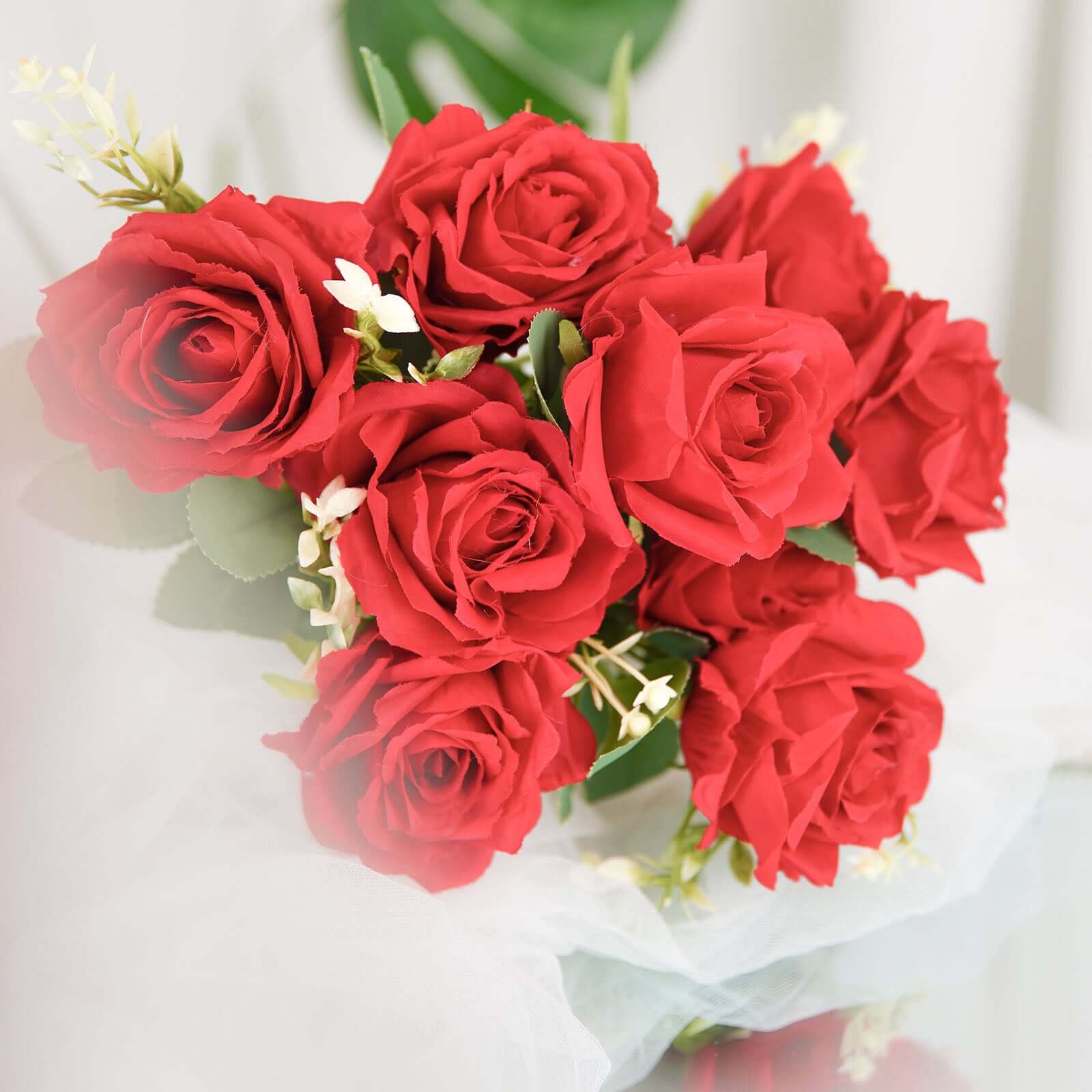 18-Piece Real Touch Red Silk Artificial Rose Flower Bouquet with 2 Bushes