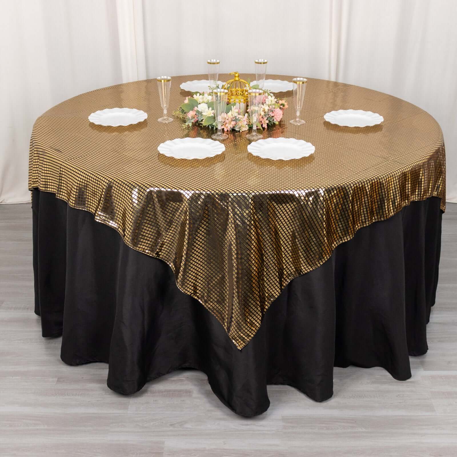Stylish Black - Gold Foil Disco Mirror Ball Polyester 72x72 Square Table Overlay for Celebrations