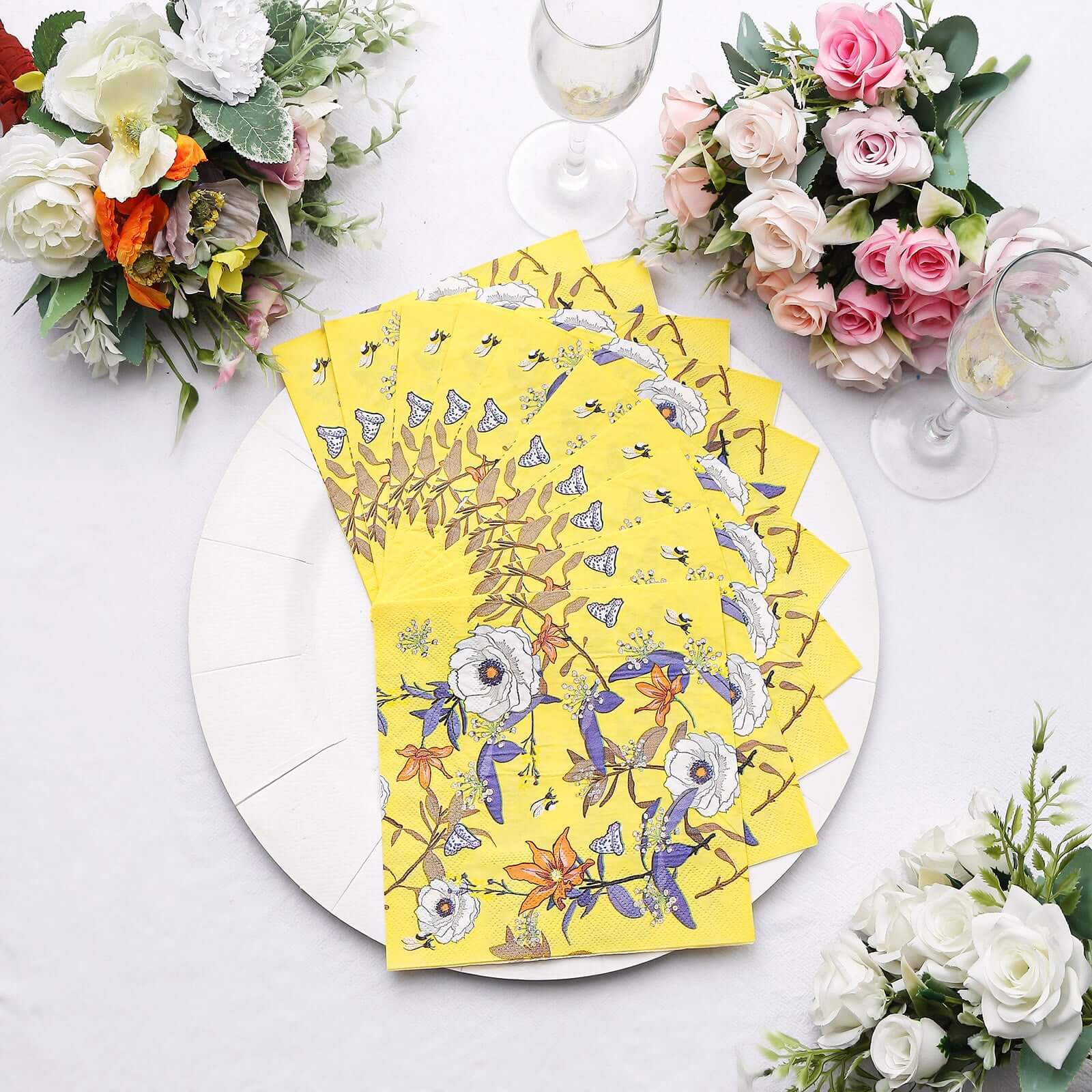 20-Pack Yellow Floral 2-Ply Soft 18GSM Paper Beverage Napkins for Weddings and Parties