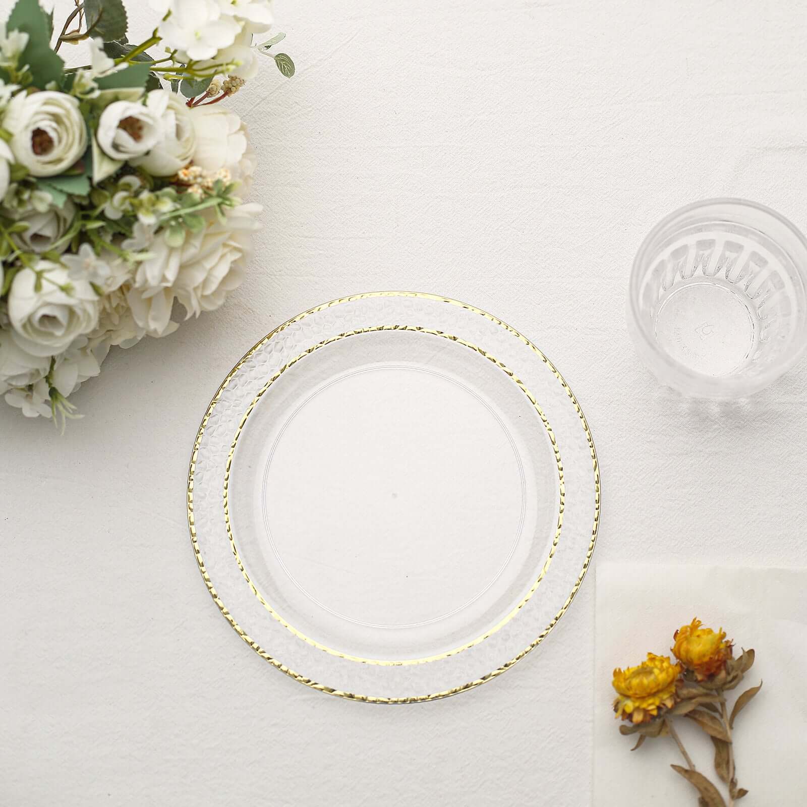 10-Piece Set of Disposable Clear Plastic Appetizer Plates with Hammered Design and Gold Rim for Special Events