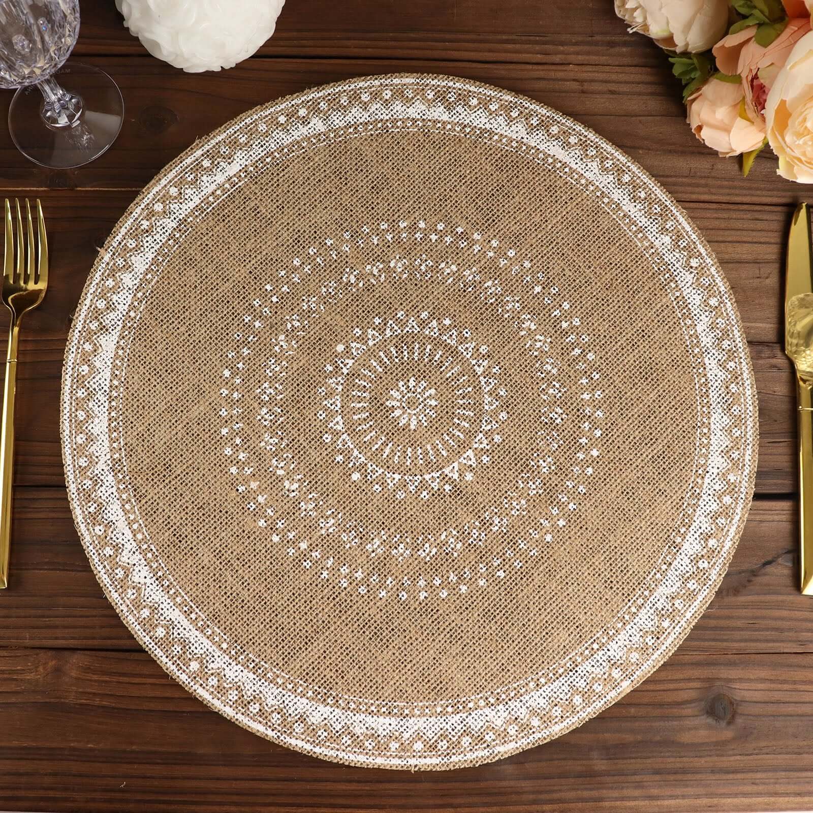 4-Pack Round Braided Placemats in Natural Jute and White - Ideal Rustic Table Mats 15 Inches