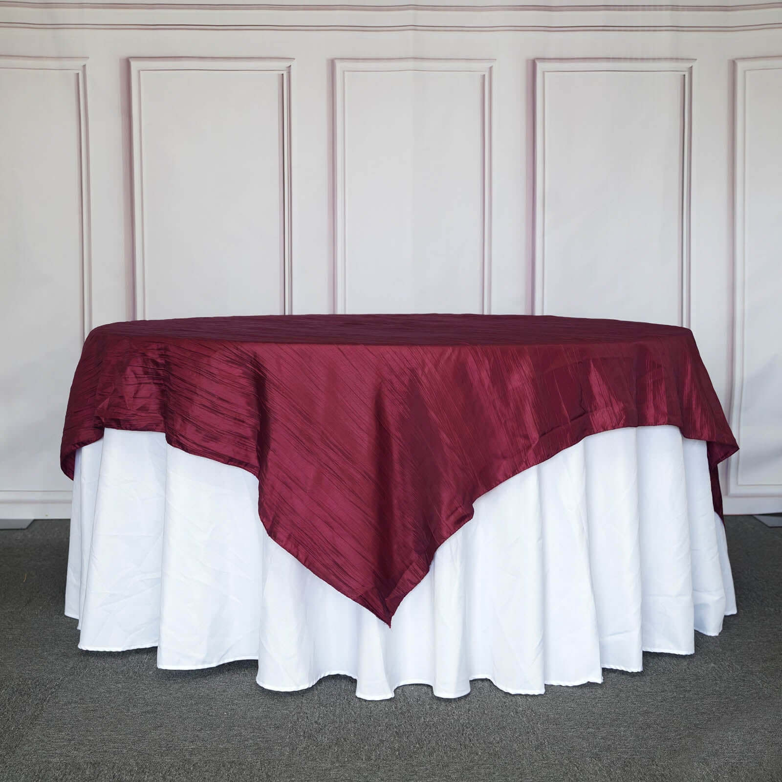 Burgundy 90x90 Square Crinkle Taffeta Accordion Table Overlay Tablecloth