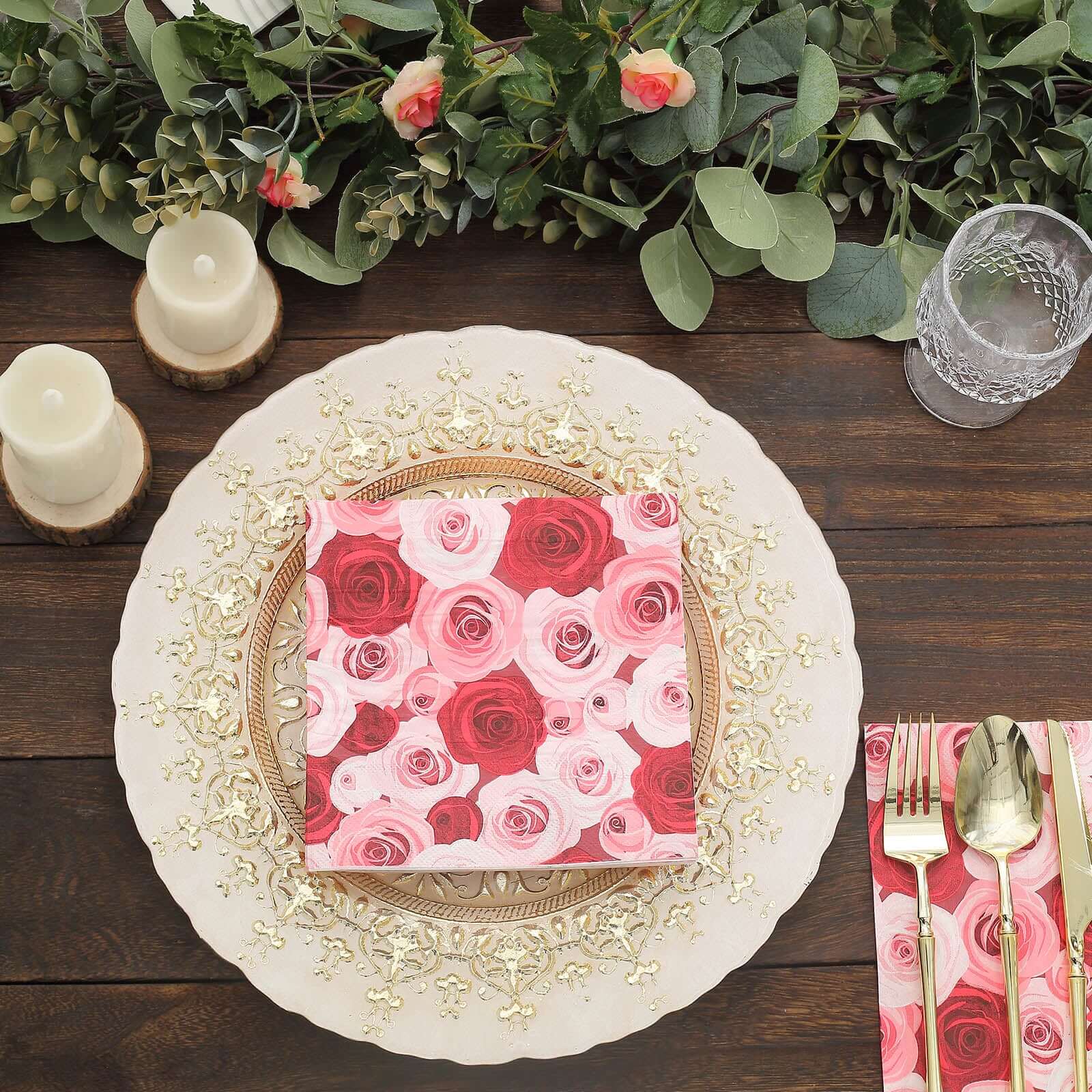 50-Pack 2-Ply Soft 18GSM Red/Pink Floral Design Paper Beverage Napkins for Weddings