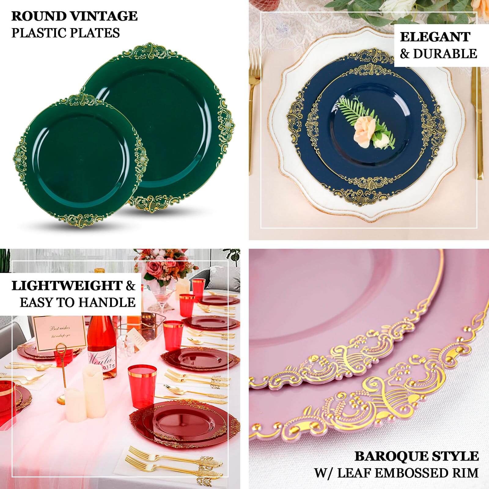 10-Pack Disposable Vintage Baroque Style 8-Inch Round Plastic Dessert Plates in Transparent Amber Gold with Gold Leaf Rim