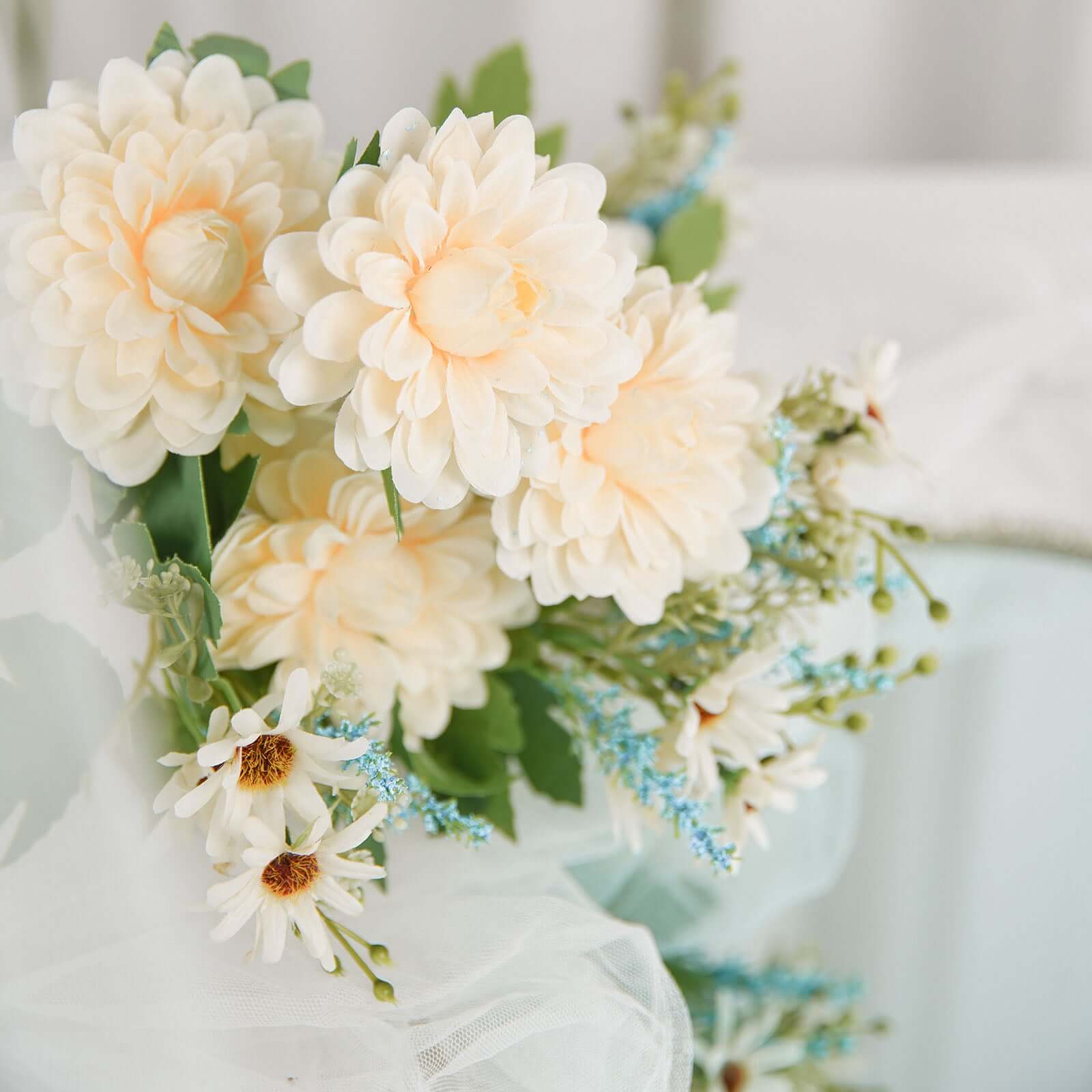 Hot Sale! 2 Bushes Artificial Silk Ivory and Blue Dahlia Flower Bouquet Spray for Decor