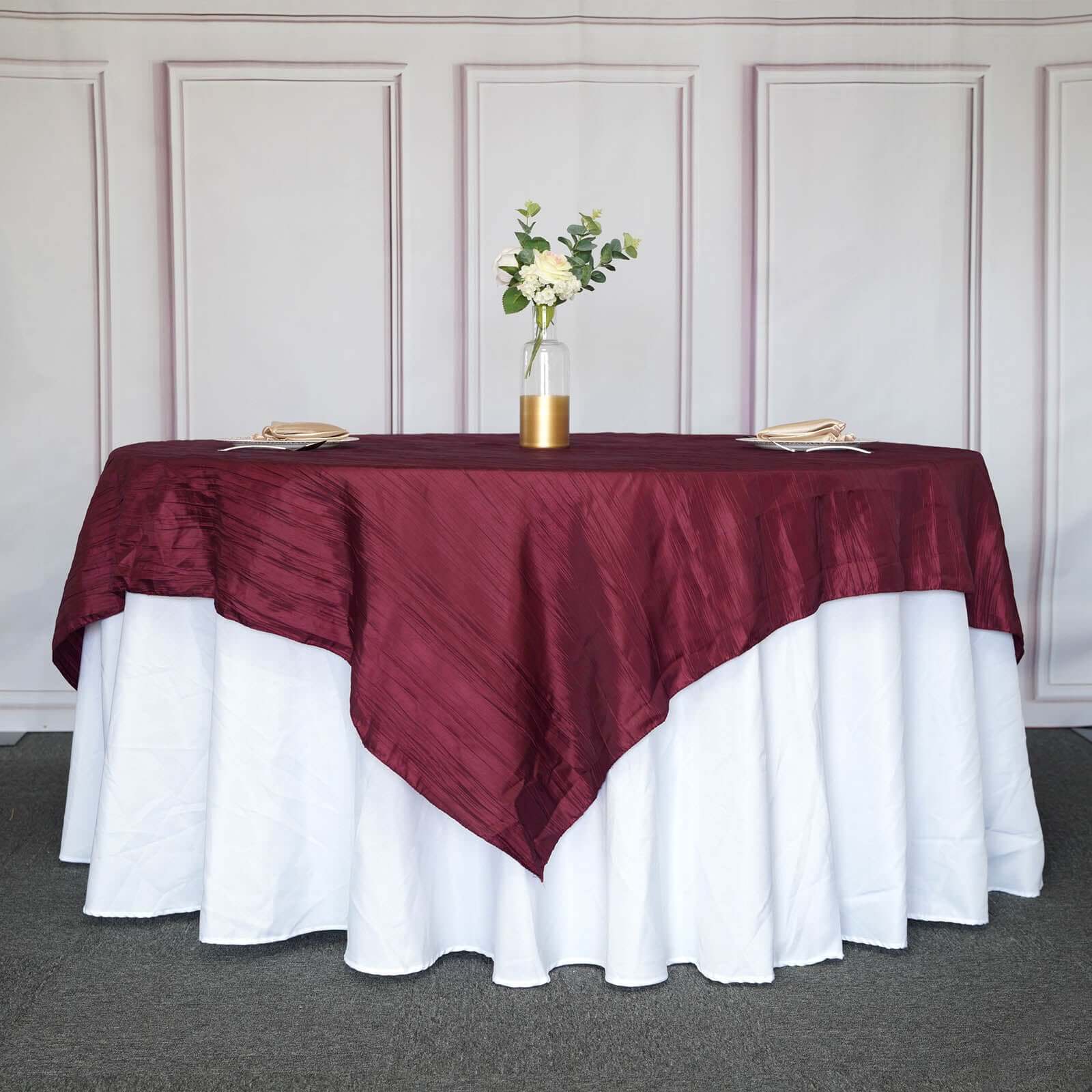 Burgundy 90x90 Square Crinkle Taffeta Accordion Table Overlay Tablecloth