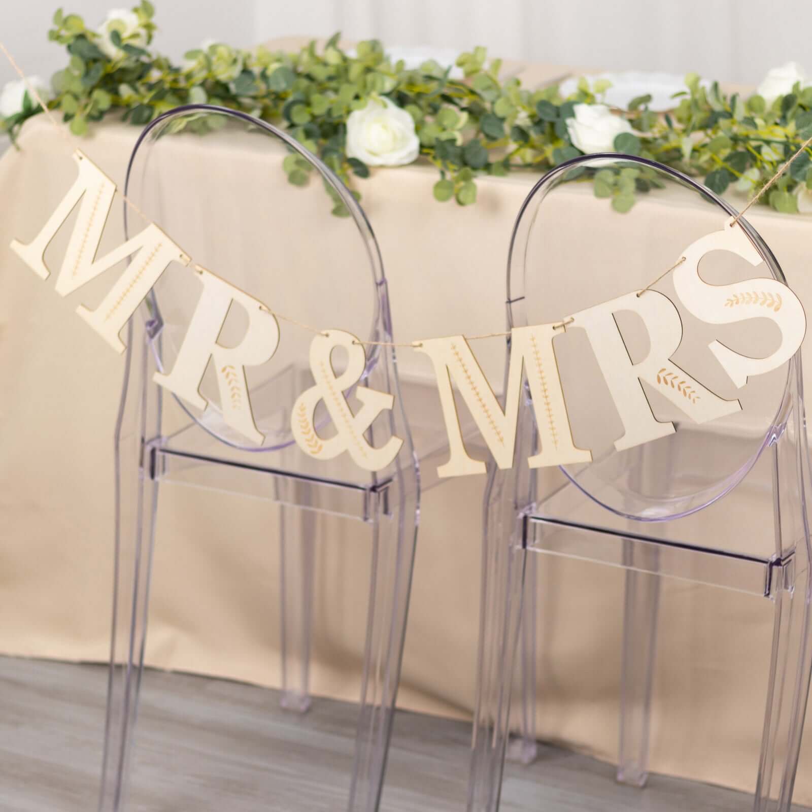 10ft Handmade Natural Pre - Strung Mr & Mrs Wooden Letter Banner with Rustic Botanical Design for Anniversaries