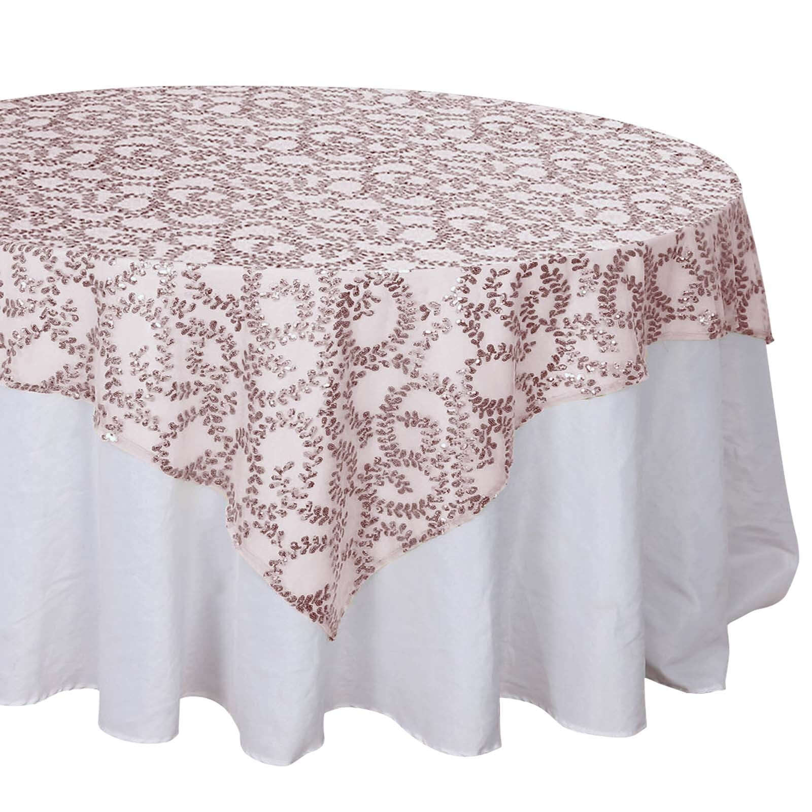 Hot Deal! Rose Gold Sequin Leaf Embroidered 72x72 Tulle Square Table Overlay