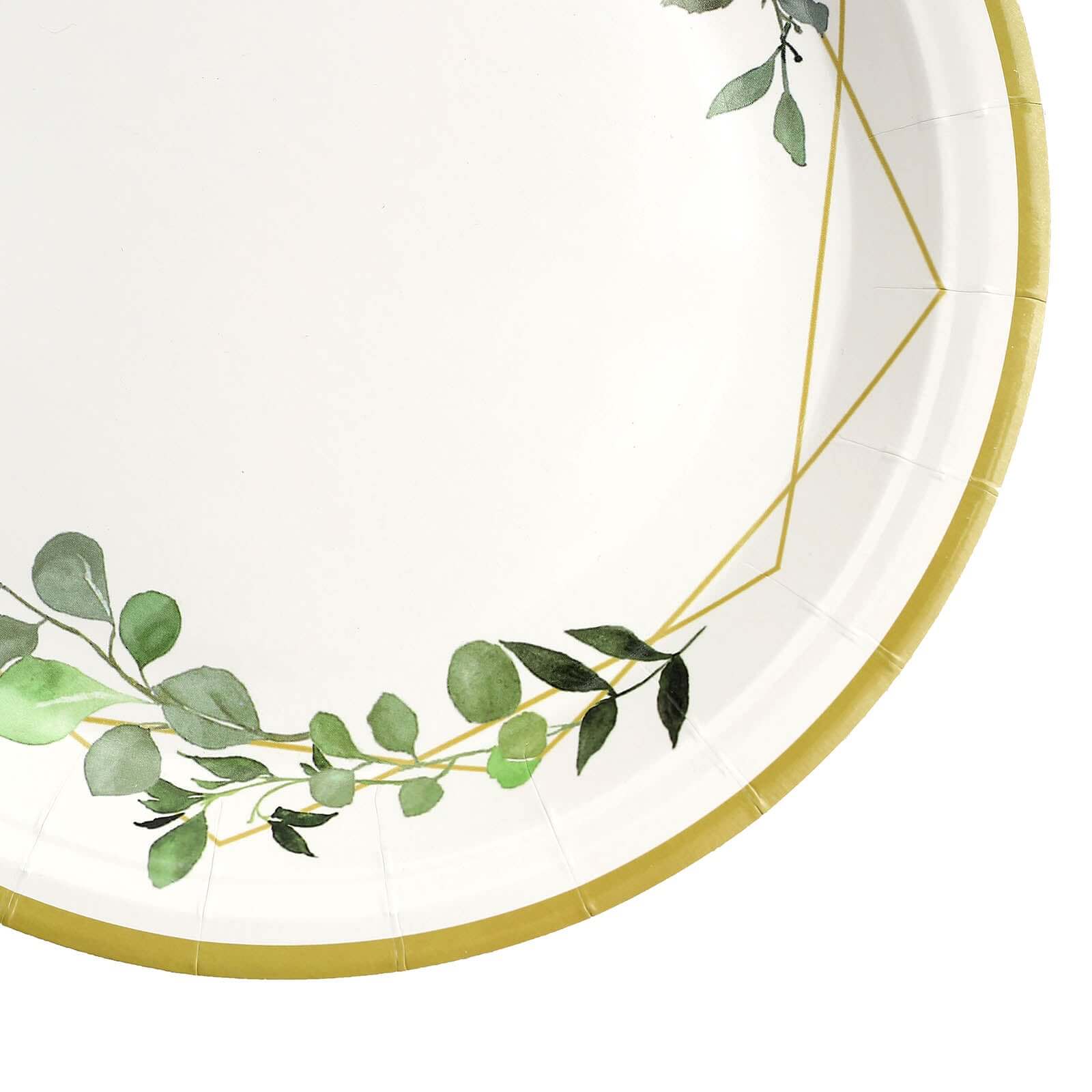 24-Pack 9-Inch White Disposable Paper Dinner Plates with Eucalyptus & Gold Rim