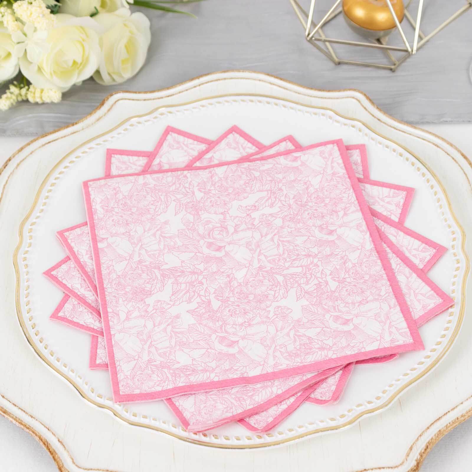25-Pack Disposable Paper Cocktail Napkins with French Toile Floral Print in White/Pink - Highly Absorbent 2 Ply