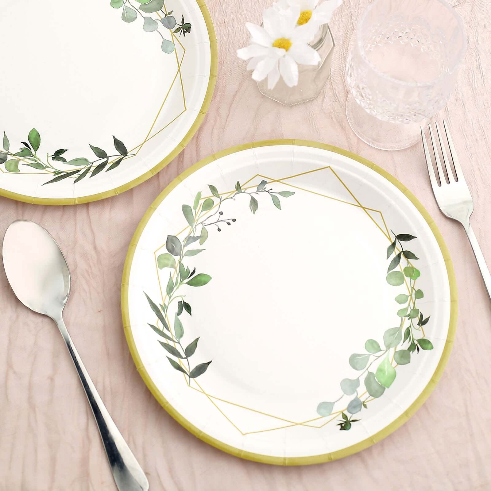 24-Pack 9-Inch White Disposable Paper Dinner Plates with Eucalyptus & Gold Rim