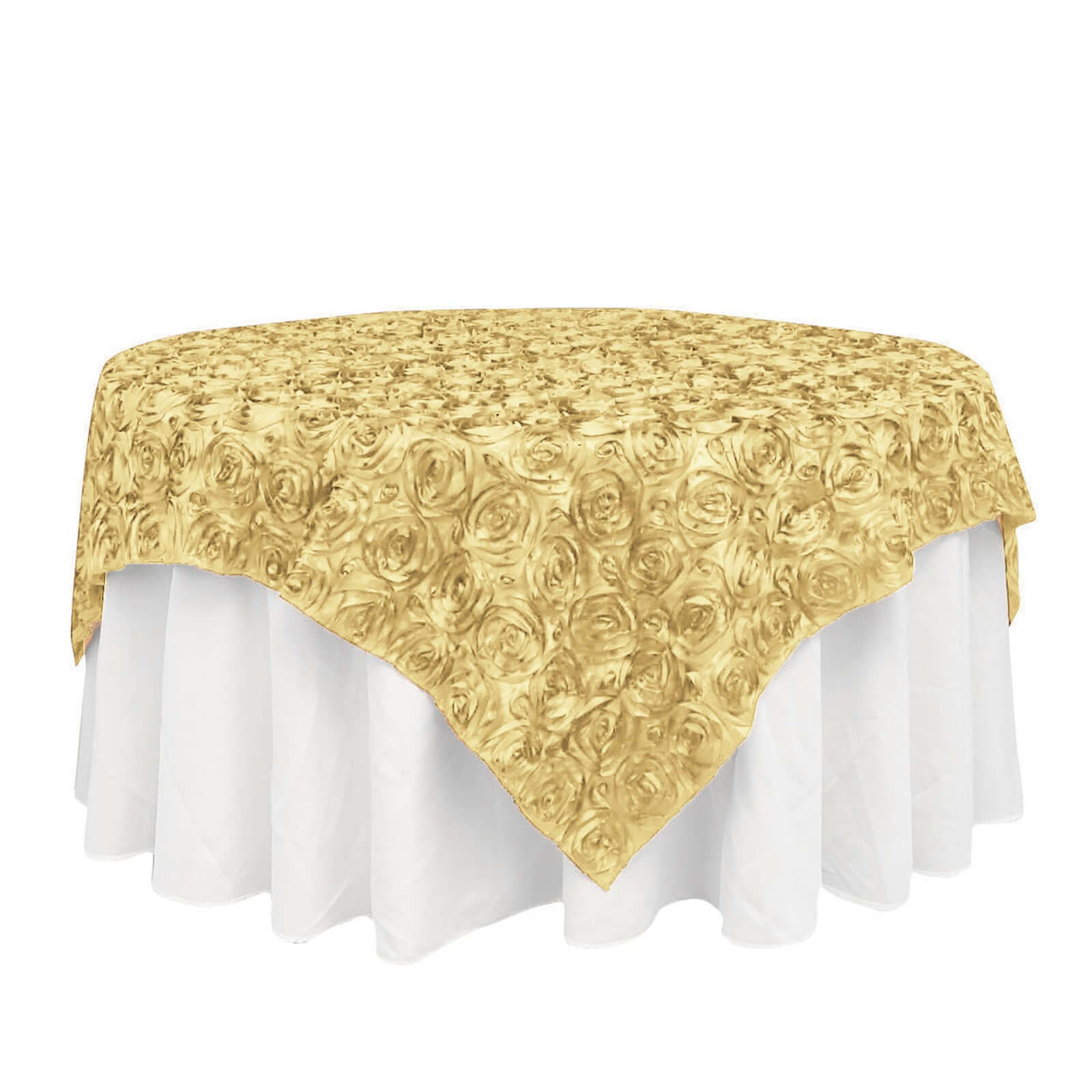 Champagne Satin 72x72 3D Rosette Square Table Overlay - Great for Events