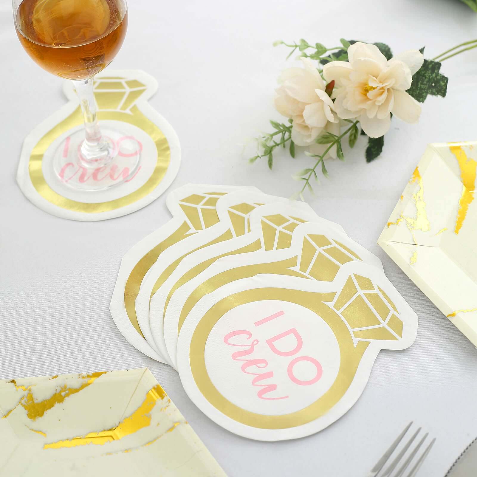 20-Pack Gold Ring Design Disposable Paper Cocktail Napkins - Ideal for Engagements & Parties