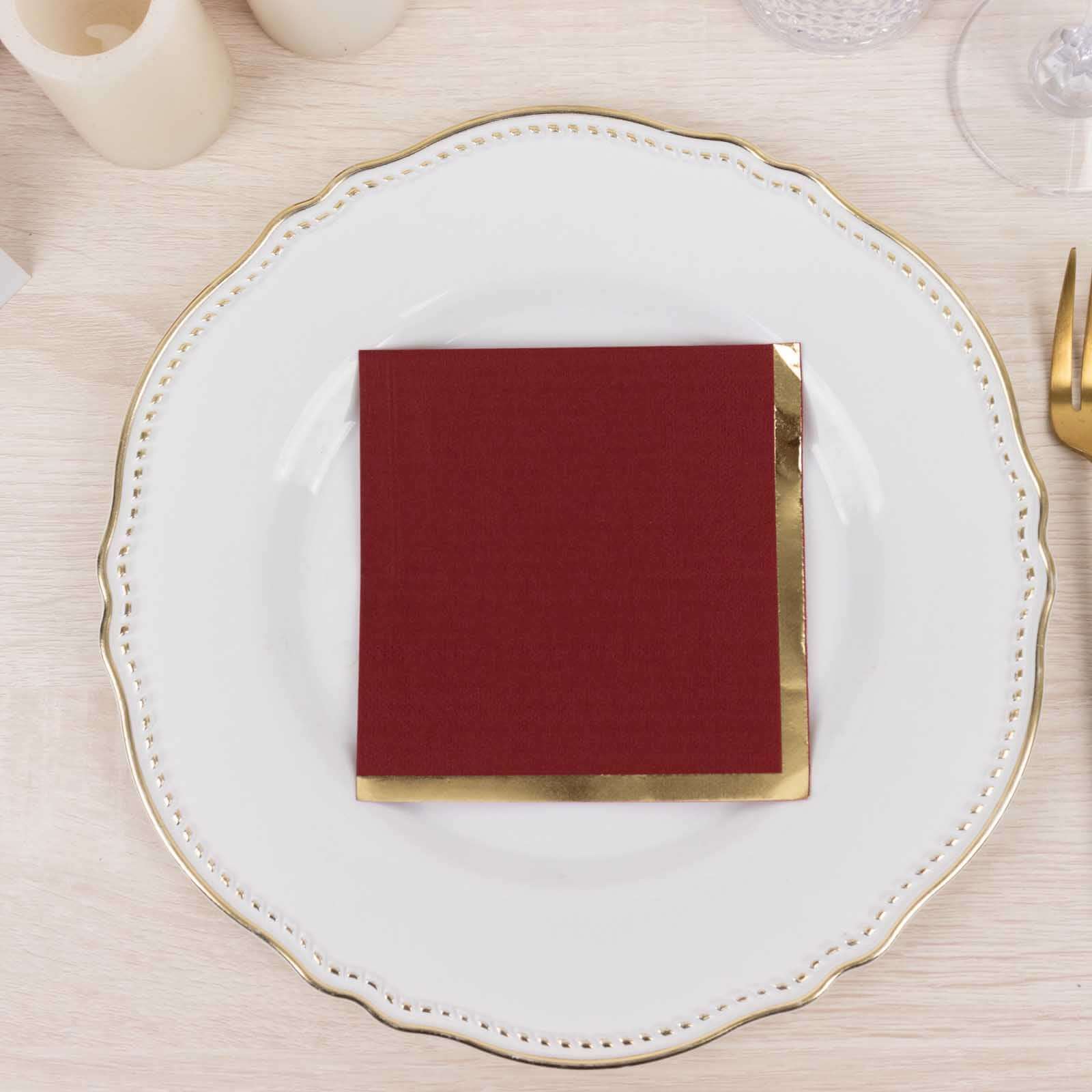 Hot! 50-Pack 2-Ply Disposable Burgundy Cocktail Napkins with Gold Foil Edge, 18GSM