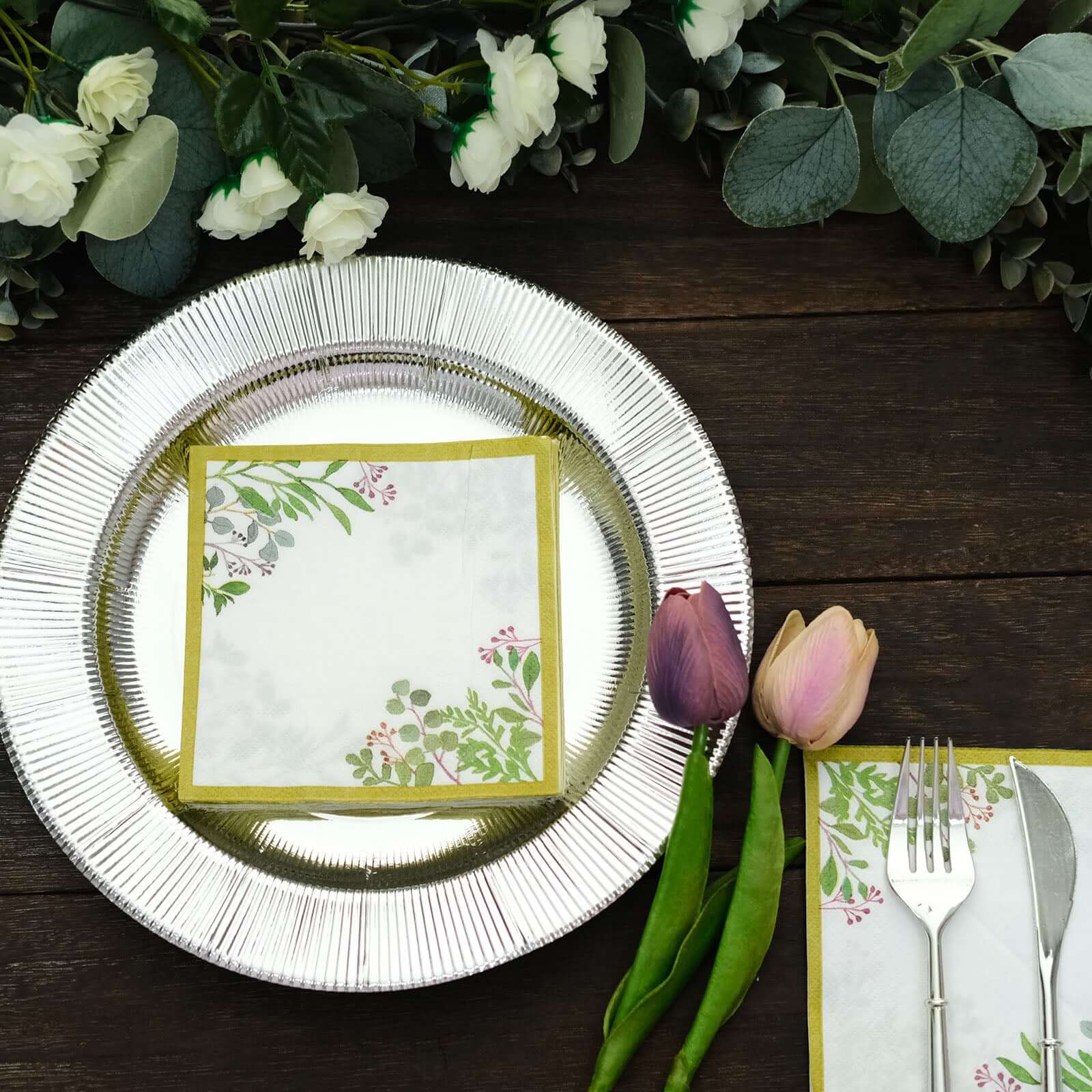 24-Pack Soft 18GSM 2-Ply Paper Dinner Napkins with Tropical Eucalyptus Design for Weddings and Cocktails