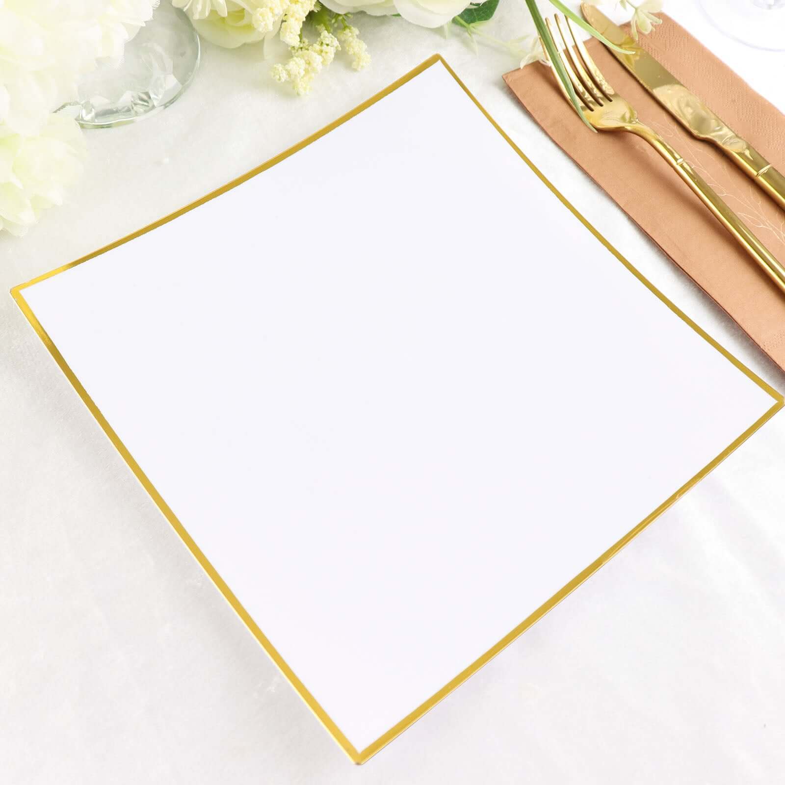 10-Piece White Concave Square Plastic Dinner Plates with Gold Rim - Disposable for Weddings & Special Events