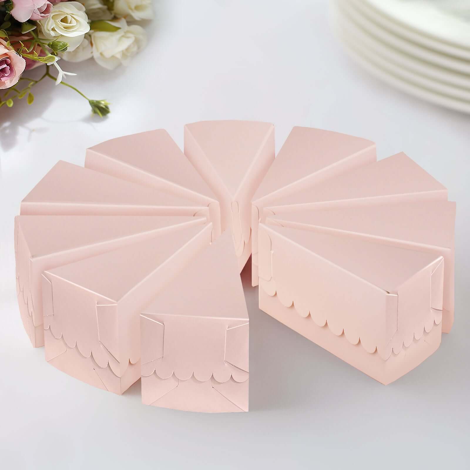 10-Pack Cardstock Triangle Cake Slice Boxes Blush with Scalloped Top - Decorative Takeaway Dessert Containers for Pie Snacks & Party Favors 5x3