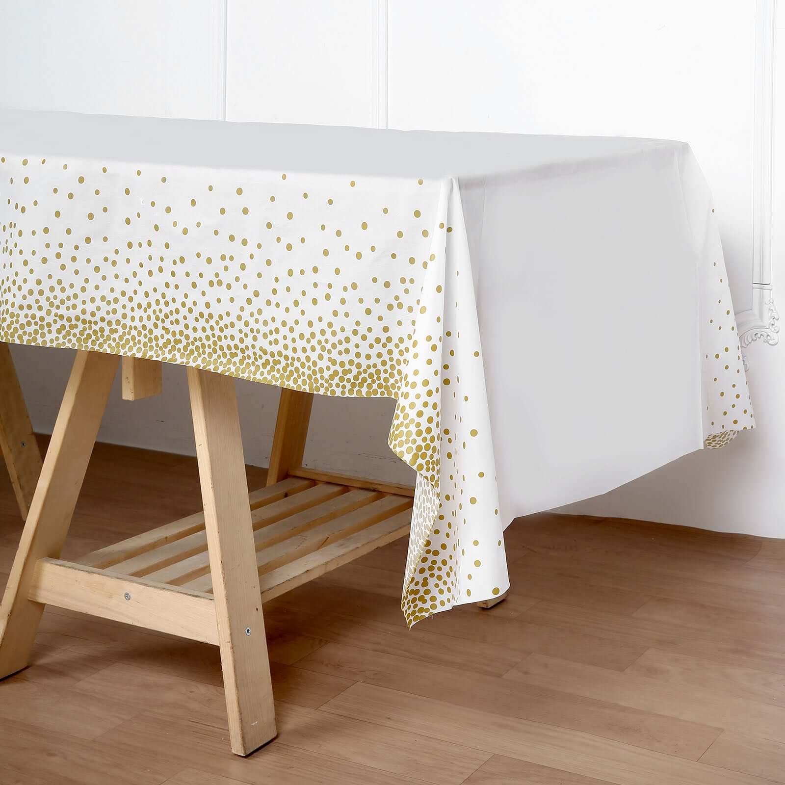 5-Pack Disposable PVC White Rectangle Table Covers with Gold Confetti Dots - Ideal for Events
