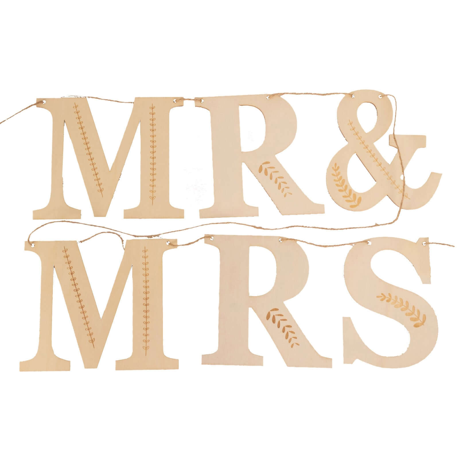 10ft Handmade Natural Pre - Strung Mr & Mrs Wooden Letter Banner with Rustic Botanical Design for Anniversaries