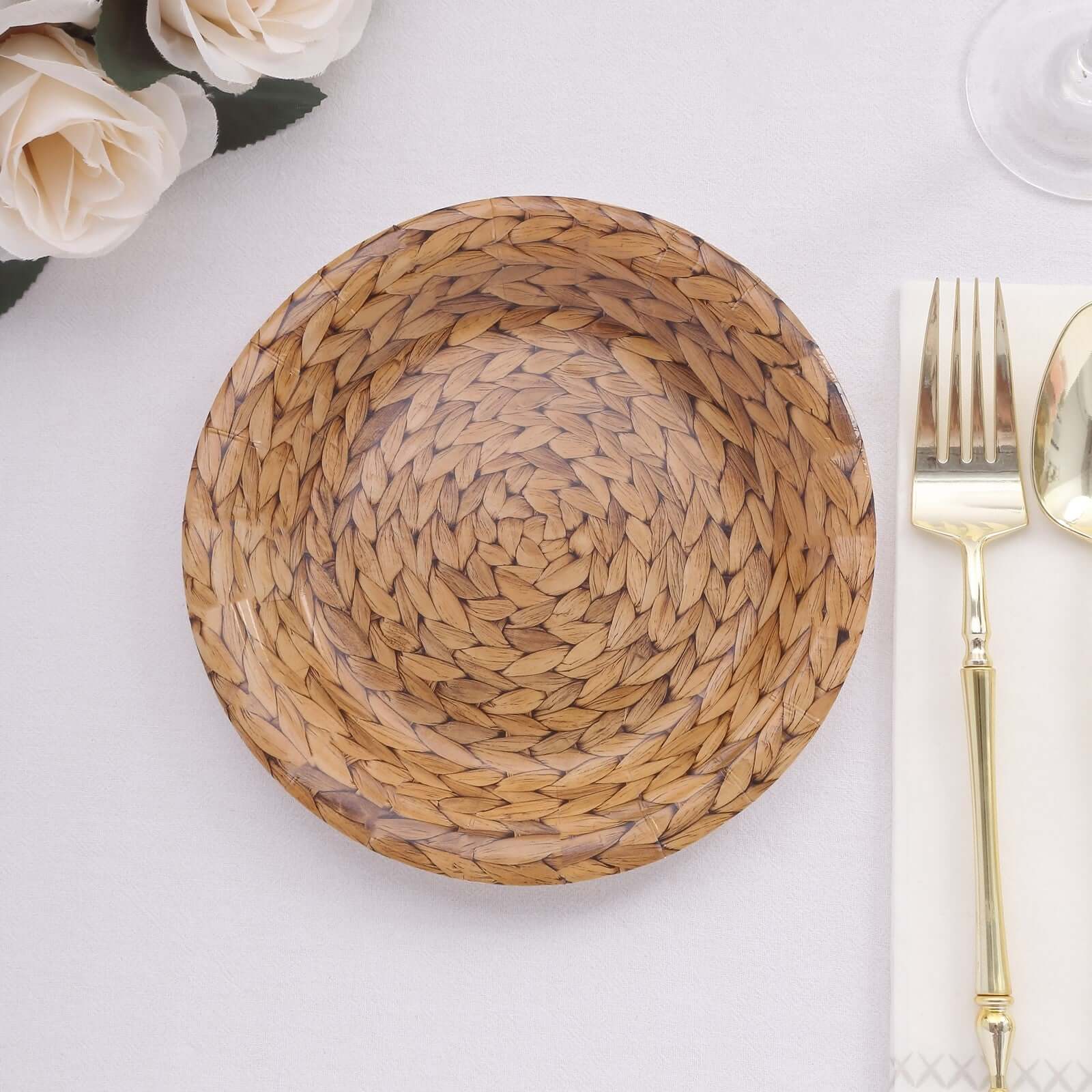 25-Pack 7" Natural Round Paper Dessert Plates with Woven Rattan Print - Premium Disposable Plates for All Occasions