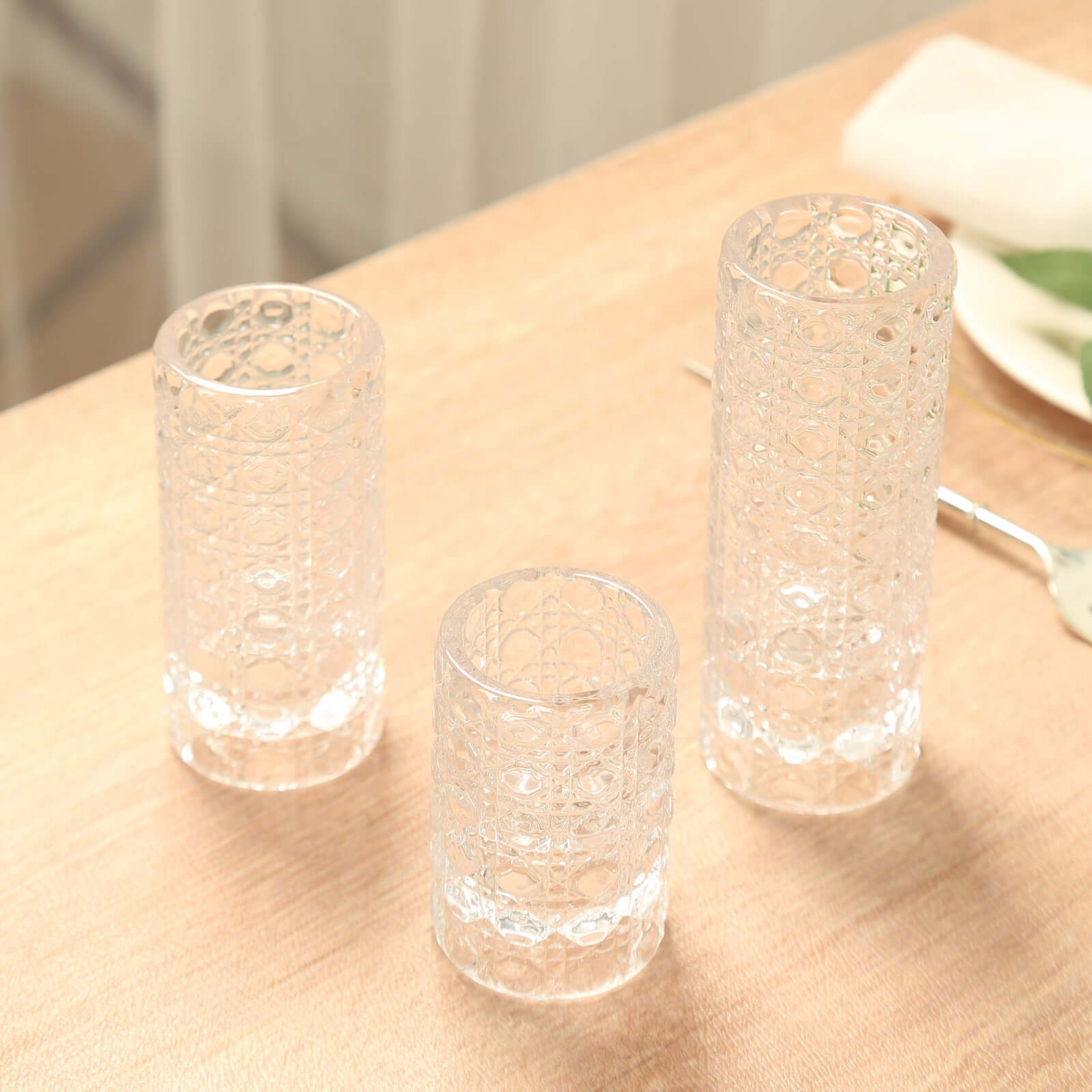 Hot Deal! Set of 3 Clear Glass Taper & Tealight Candle Holders with Gemstone Pattern