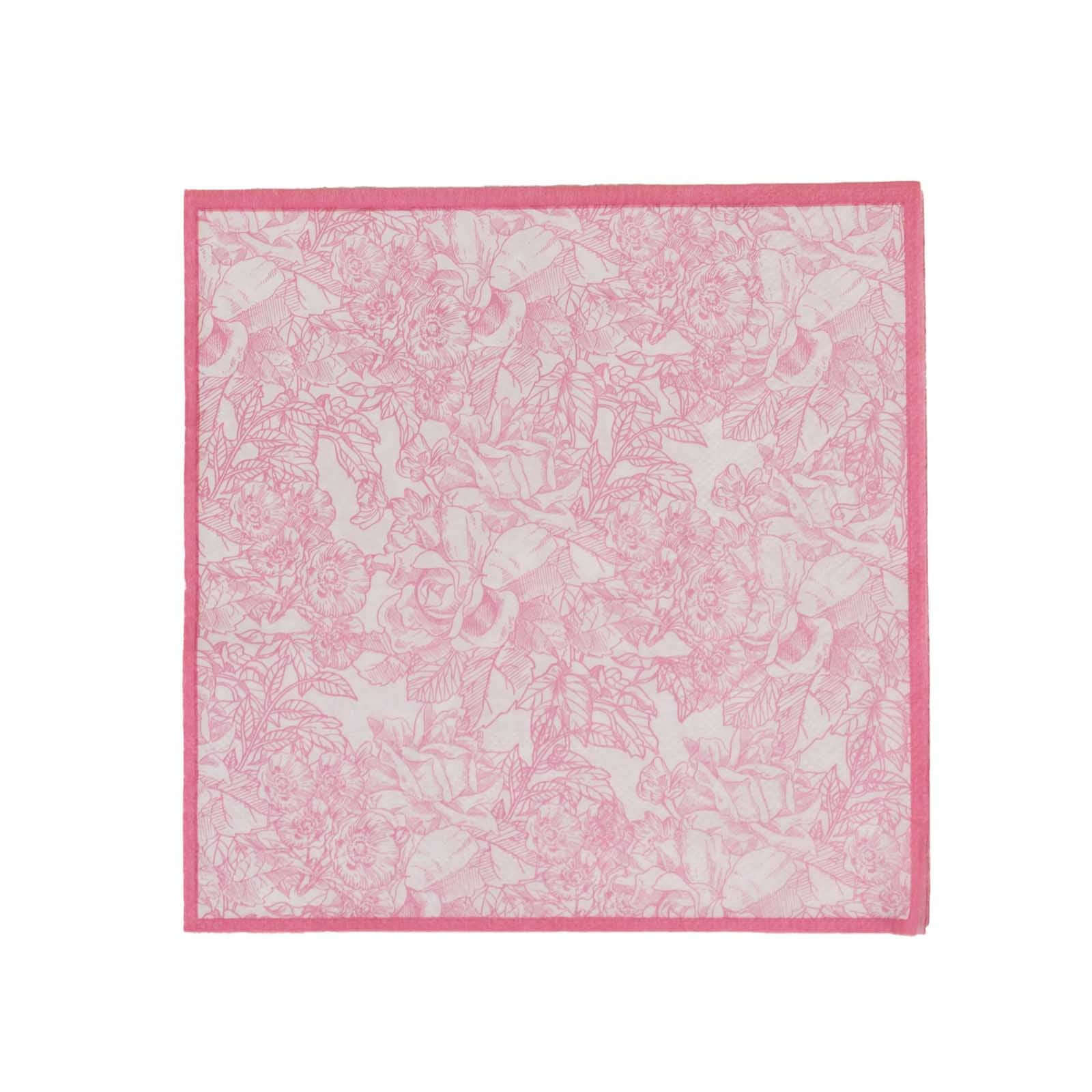 25-Pack Disposable Paper Cocktail Napkins with French Toile Floral Print in White/Pink - Highly Absorbent 2 Ply