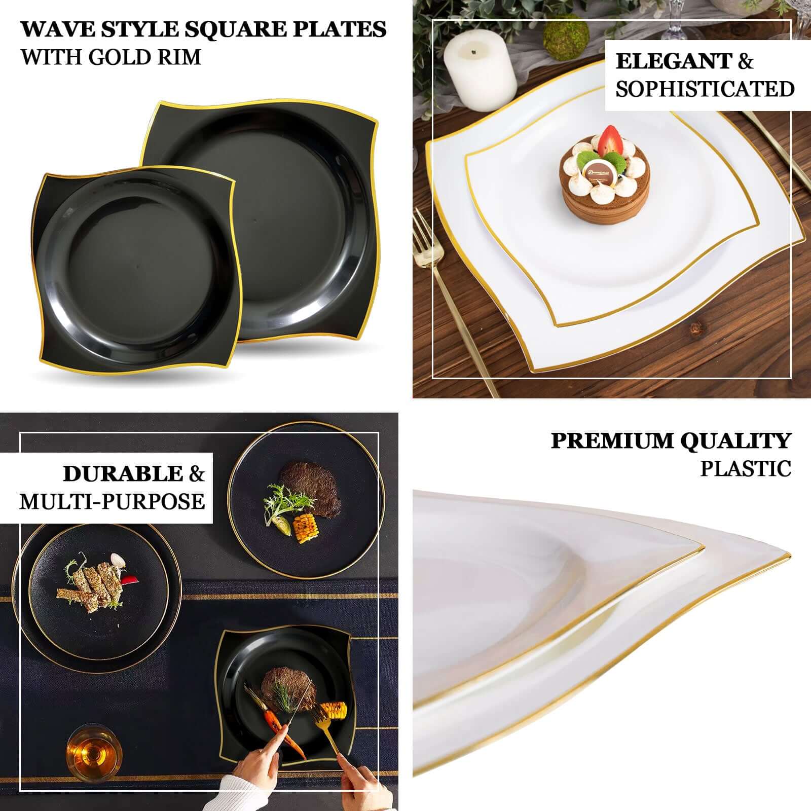 Get 10-Pack Disposable Black Plastic Square Dinner Plates with Gold Wavy Rim for Modern Parties