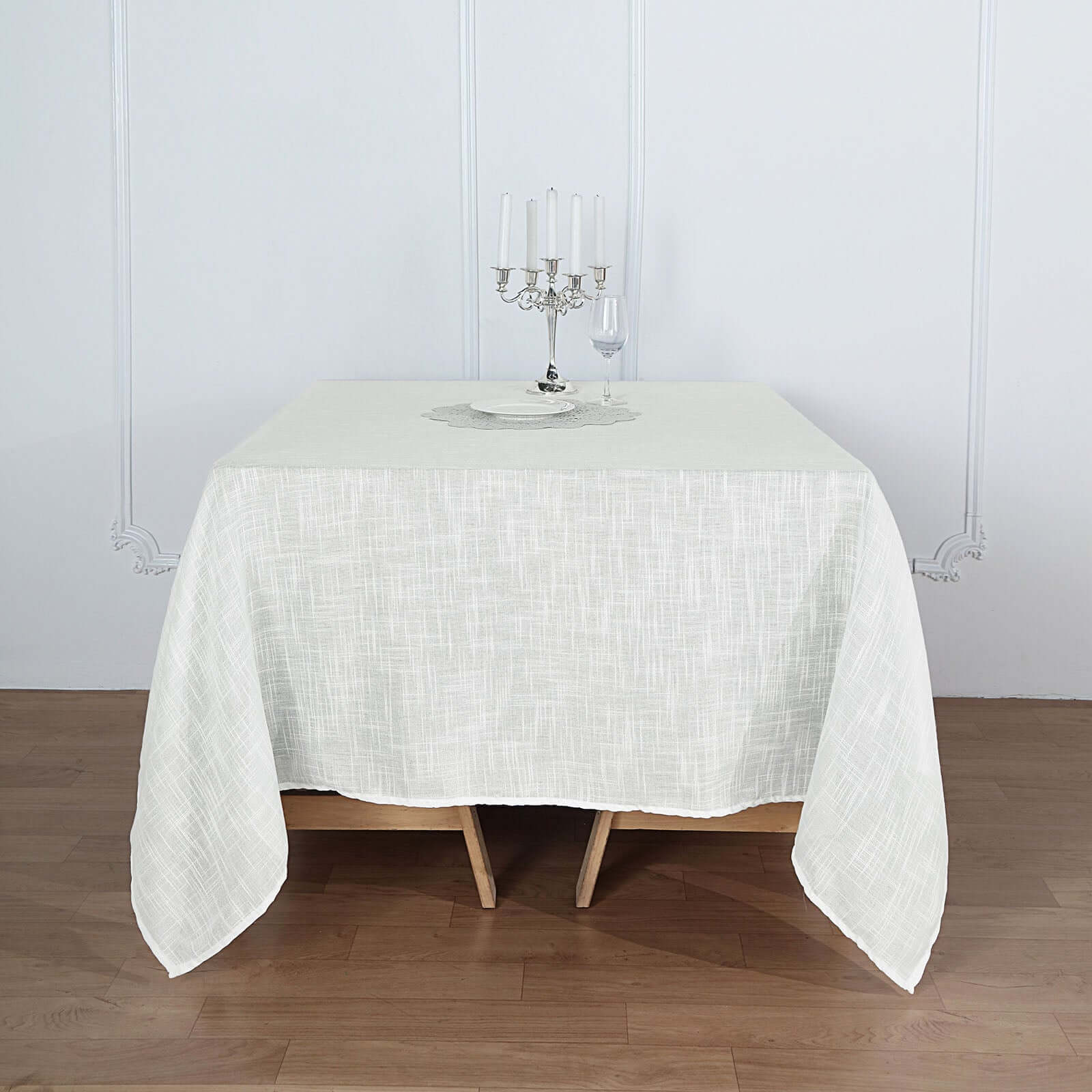 Hot Deal! White 72x72 Slubby Faux Linen Square Table Overlay - Wrinkle-Resistant for Stylish Events