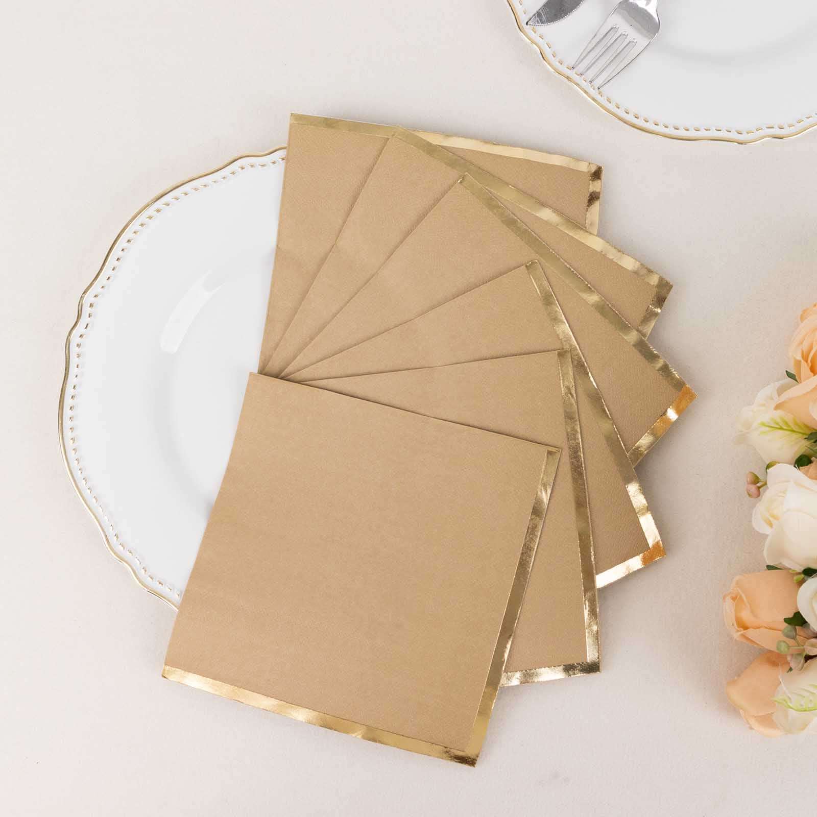 50-Pack Disposable 2-Ply Gold Foil Edge Natural Paper Beverage Napkins for Events