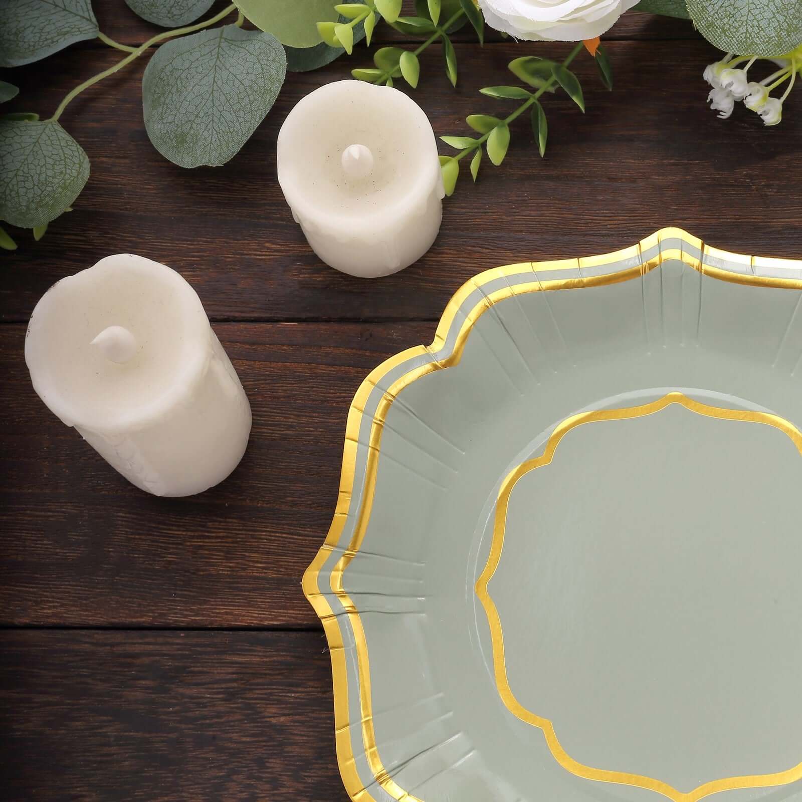 25-Piece Disposable 300GSM Sage Green Paper Dessert Plates with Gold Scalloped Edge, 8 Inches