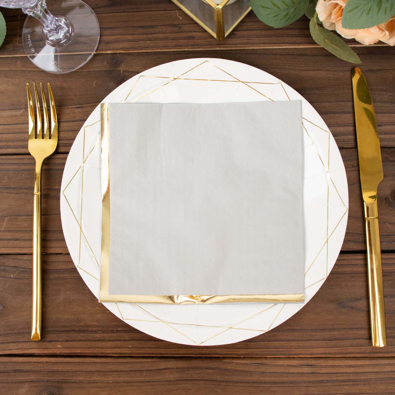 Hot! 50-Pack Disposable 2-Ply Gray Cocktail Napkins with Gold Foil Edge, 6.5x6.5