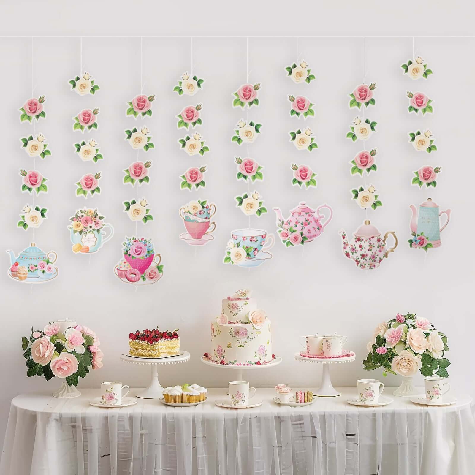 8-Pack Double-Sided Floral Tea Party Paper Garland Set: 40 Pre-Assembled Mixed Teapot Decorations