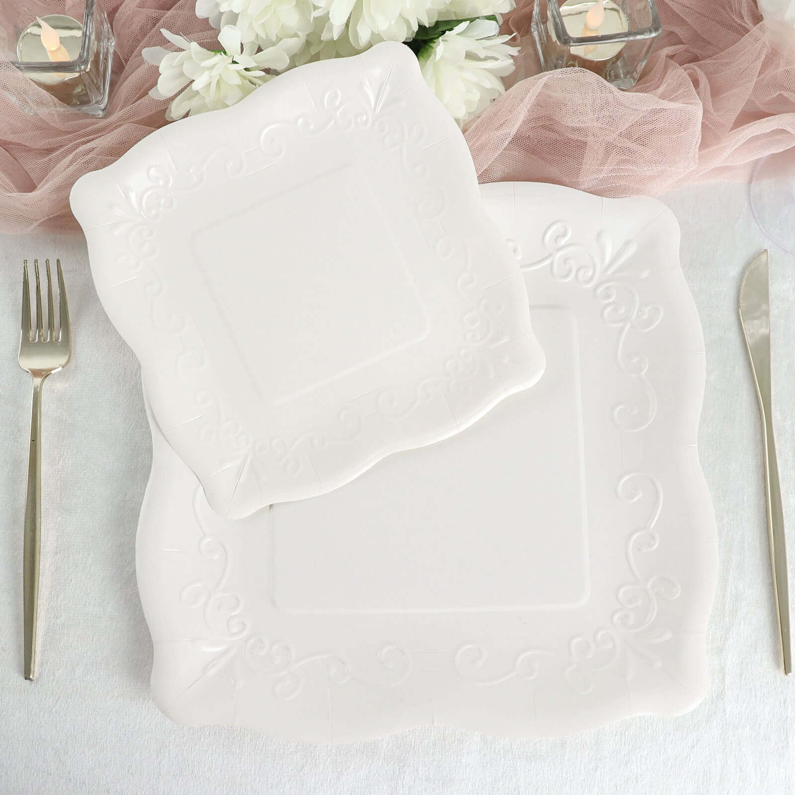 25-Pack White 7-Inch Square Disposable Dessert Plates with Vintage Pottery Embossed Design - Ideal for Special Events