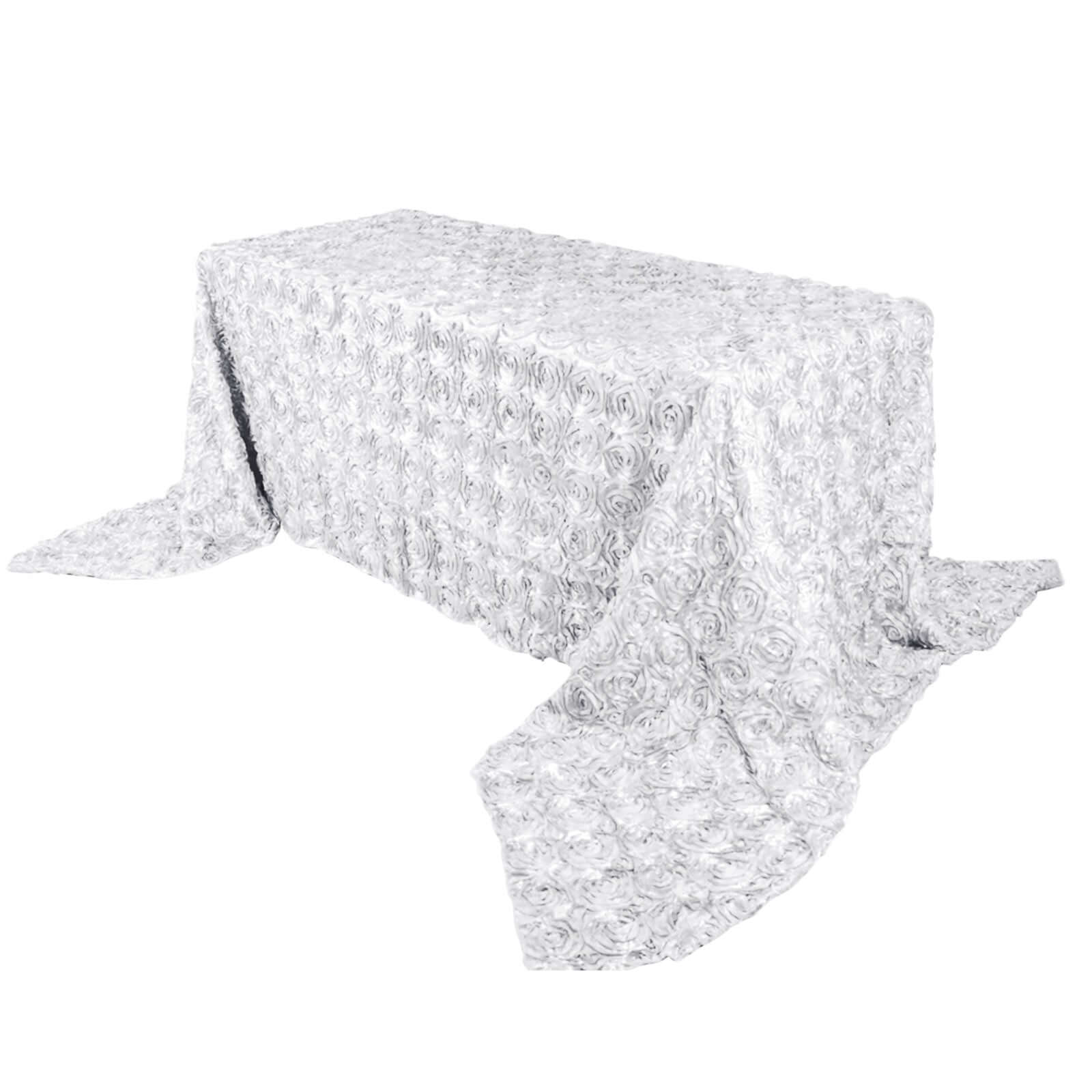 White Satin 90x156 Rectangle Tablecloth with Elegant 3D Rosette Design for Fancy Celebrations