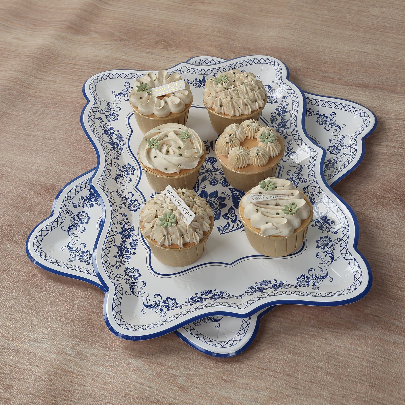 10-Pack Heavy Duty Disposable 400GSM Cardboard Serving Trays with White & Royal Blue Damask Floral Pattern for Weddings & Parties