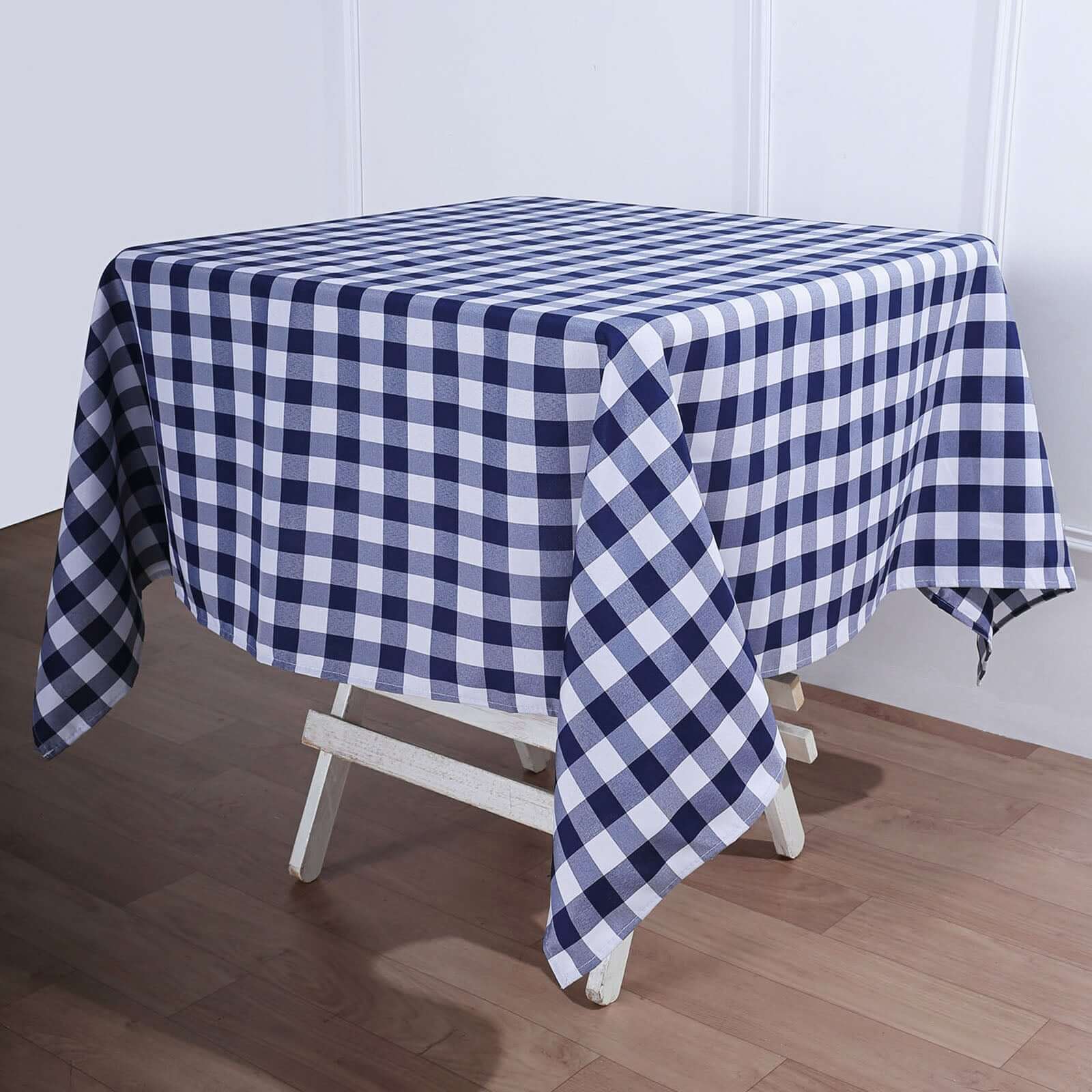 Hot! White/Navy Blue Checkered Buffalo Plaid Polyester 54x54 Square Tablecloth for Casual Tables